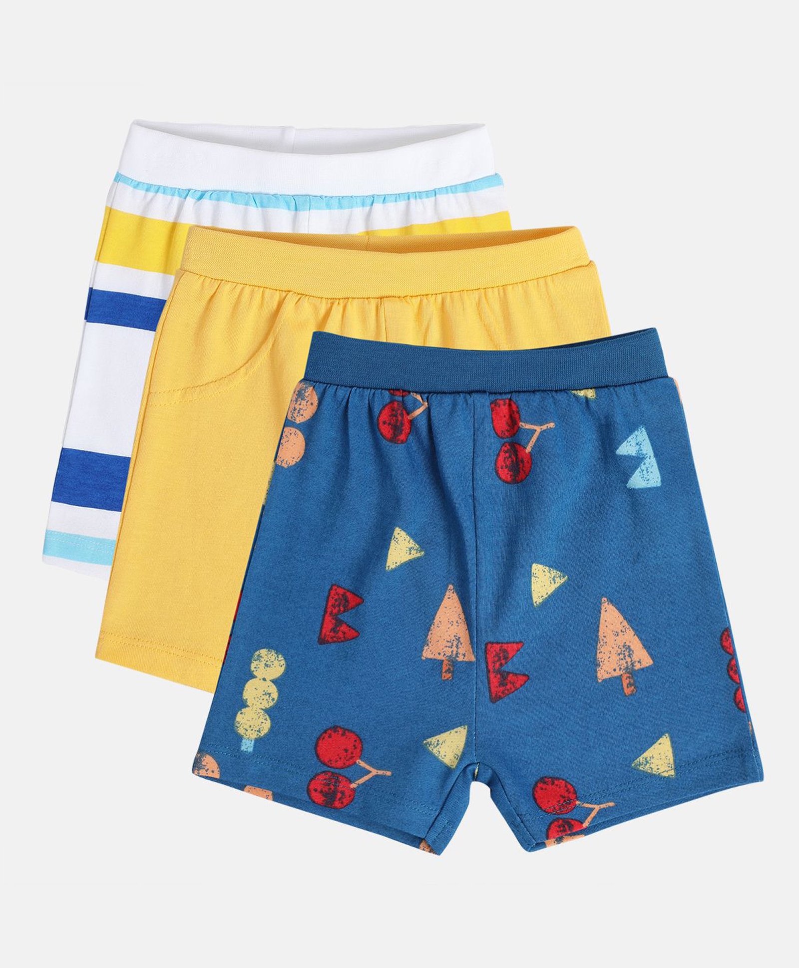 MINI KLUB Cotton Pack Of 3 Striped & Solid Shorts - White Yellow & Blue-picture-41