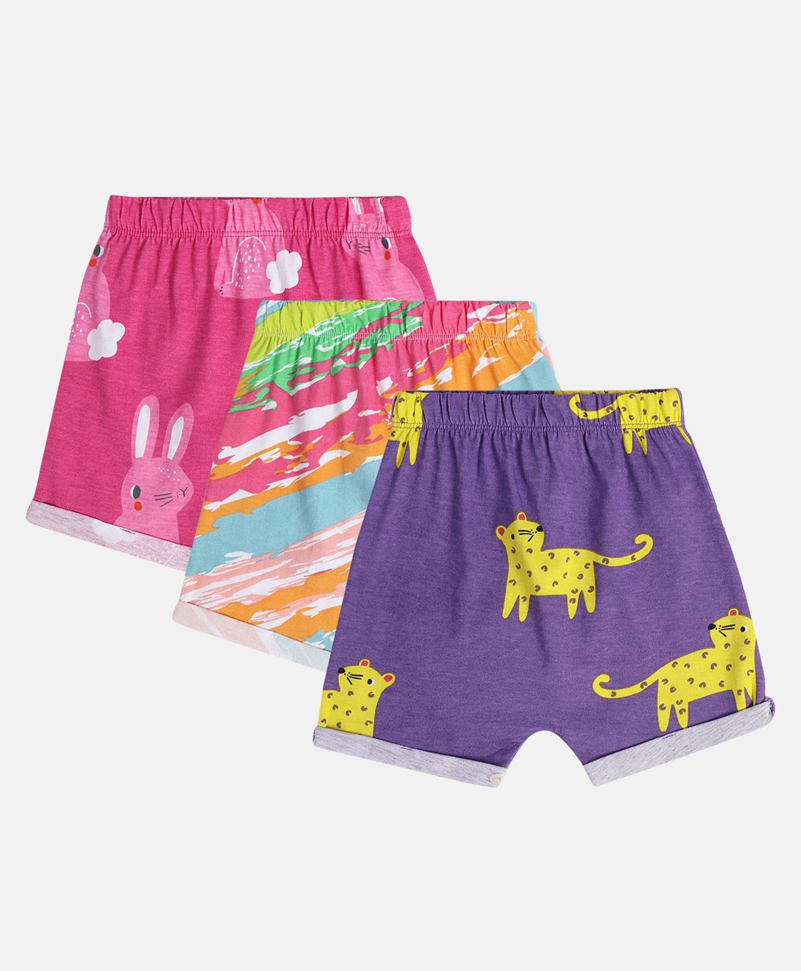 MINI KLUB Cotton Pack Of 3 Animal & Abstract Printed Shorts - Pink Multi Colour & Purple-picture-35
