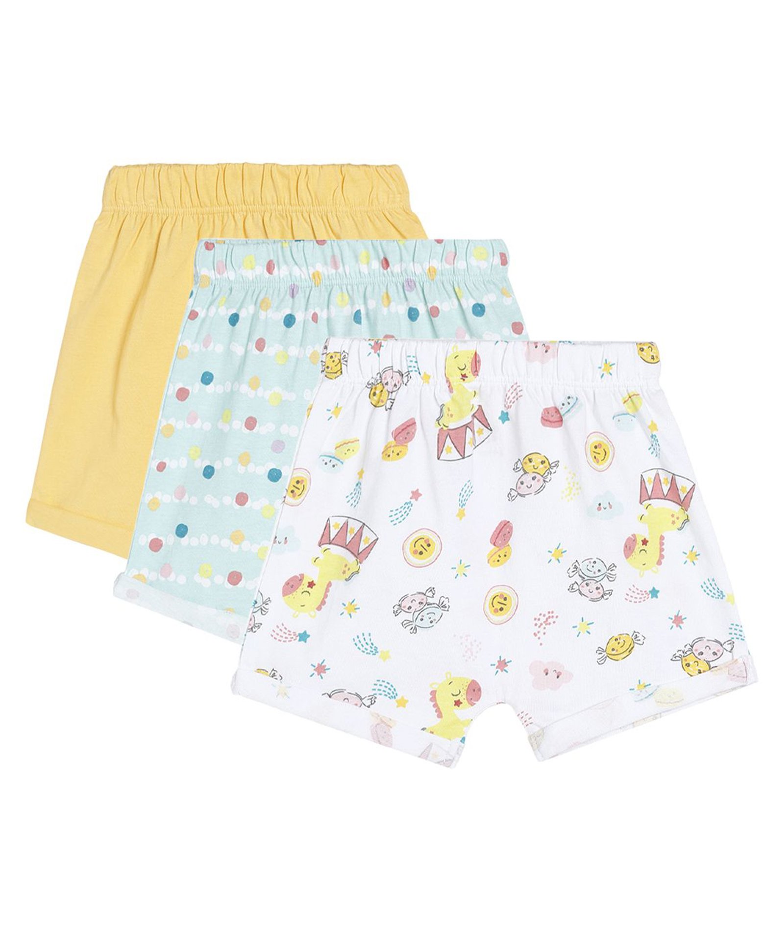 MINI KLUB Cotton Pack Of 3 Solid & Polka Dots Printed Shorts - Yellow Blue & White-picture-36