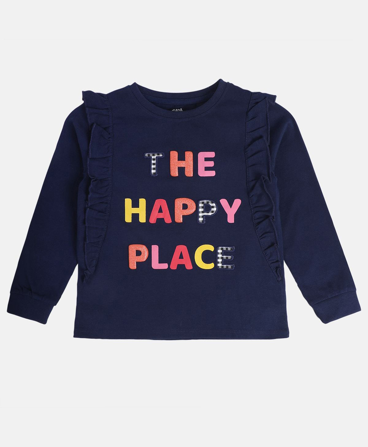 MINI KLUB Cotton Full Sleeves The Happy Place Text Patch Embroidered Frill Detailed Top - Navy Blue-picture-38
