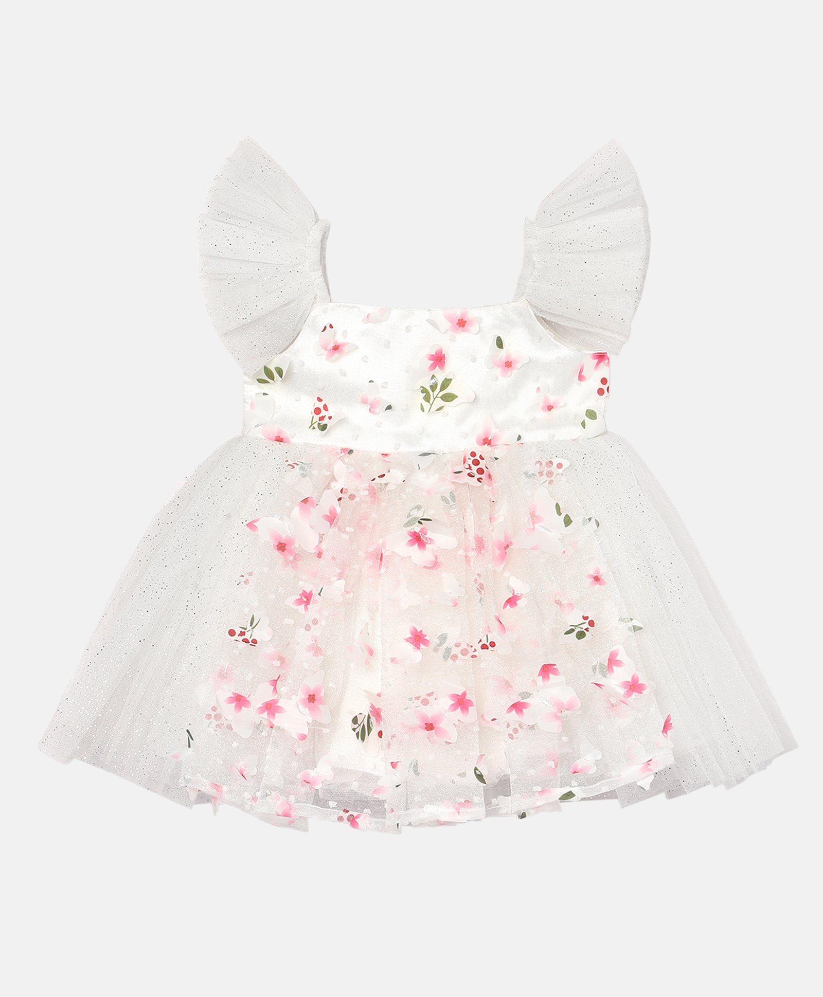 MINI KLUB Blended Sleeveless Frill Detailed Floral Printed Shimmered Dress - Cream-image-25