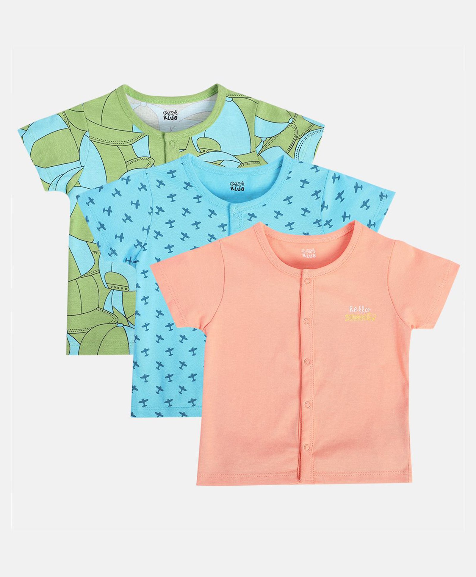 MINI KLUB Cotton Pack Of 3 Half Sleeves Aeroplanes & Caps Printed Jhablas - Green Blue & Peach-image-14