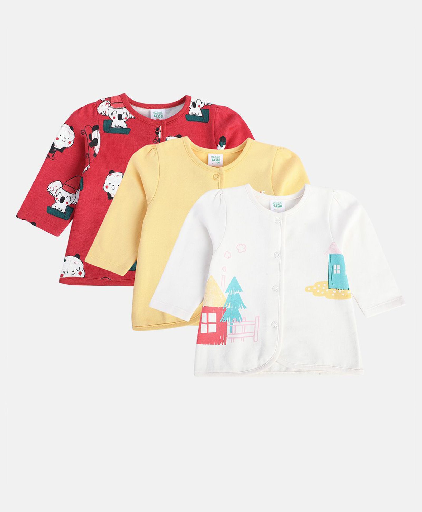 MINI KLUB Cotton Pack Of 3 Full Sleeves House & Baby Animals Printed Jhablas - White Red & Yellow-image-22