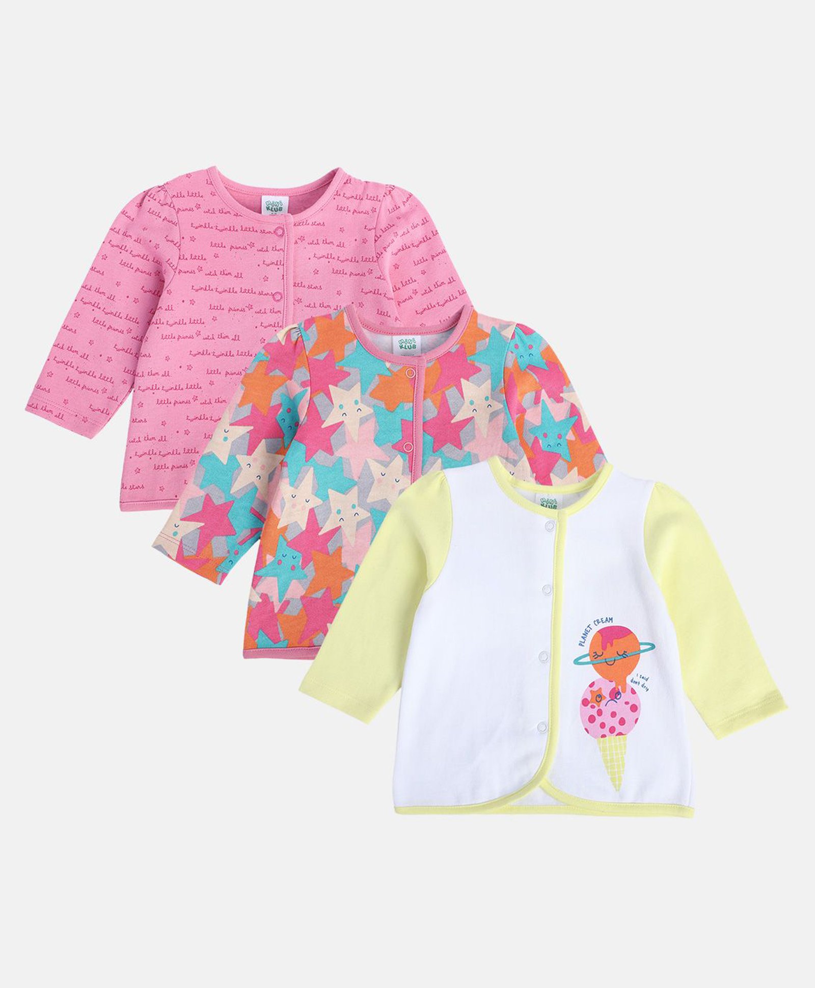 MINI KLUB Cotton Pack Of 3 Full Sleeves Space Theme Printed Jhablas - Pink White & Grey-picture-35