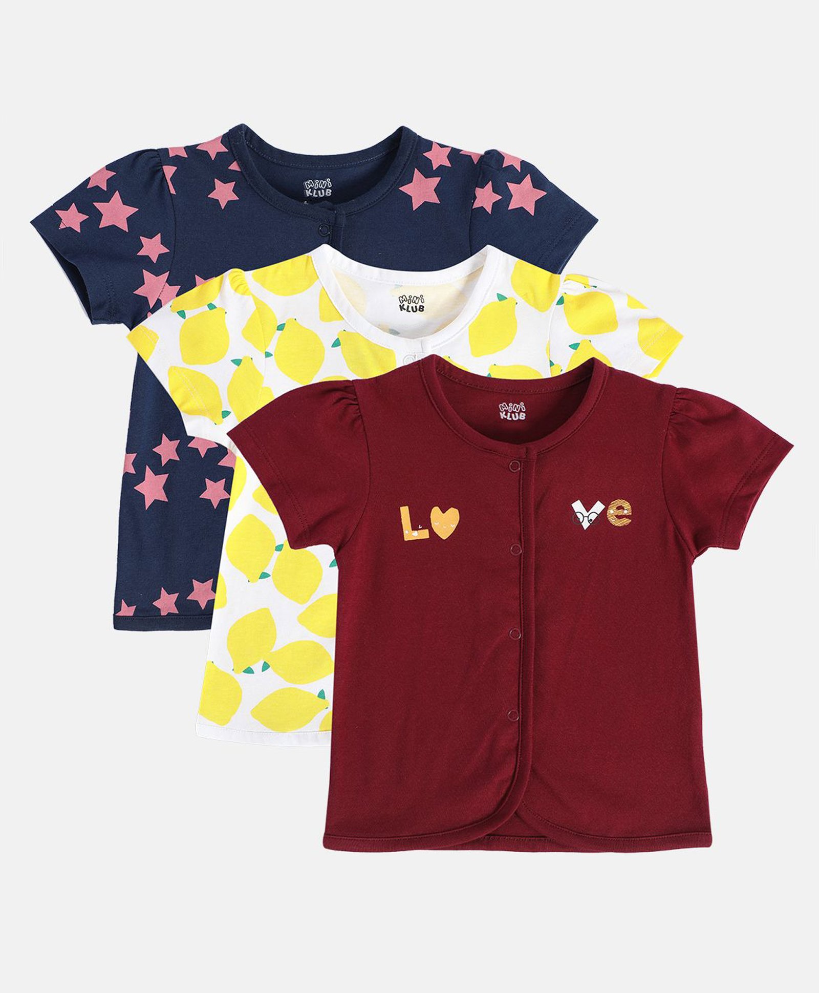 MINI KLUB Cotton Pack Of 3 Half Sleeves Love Text & Lemons Printed Jhablas - Navy Blue White & Maroon-image-34