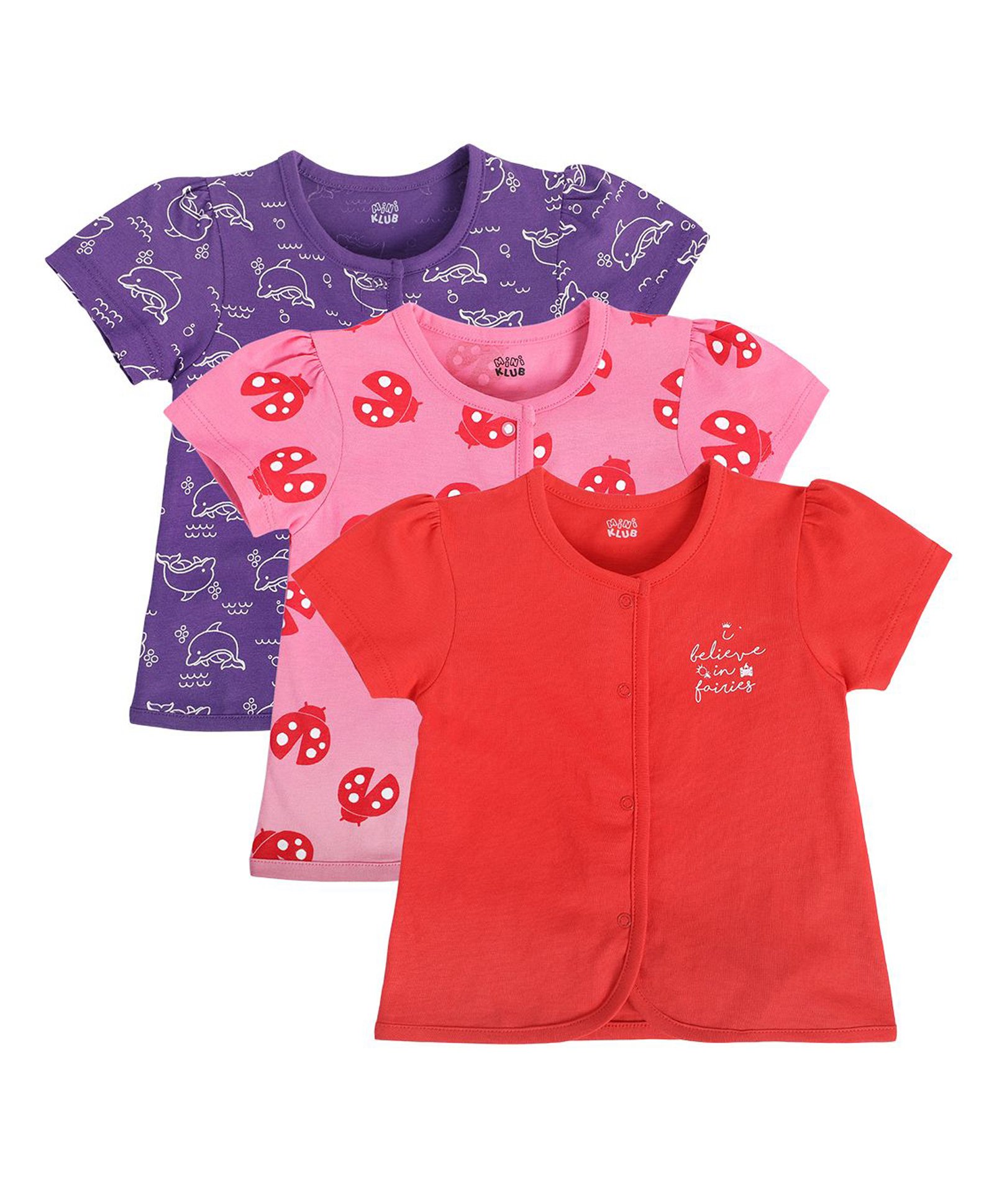 MINI KLUB Cotton Pack Of 3 Half Sleeves Dolphins & Lady Bugs Printed Jhablas - Violet Pink & Peach-image-29