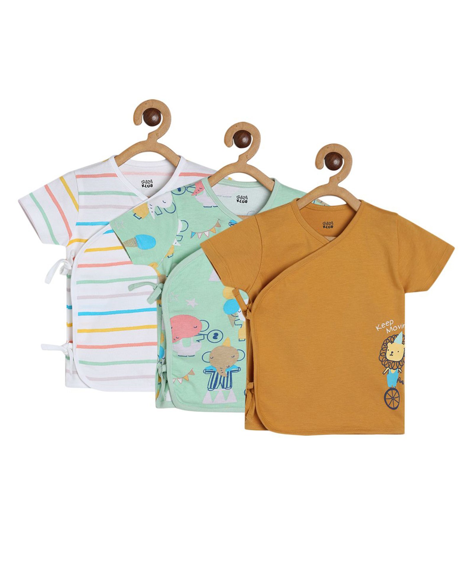 MINI KLUB Cotton Pack Of 3 Half Sleeves Striped & Baby Animals Printed Jhablas - White Green & Brown-picture-15