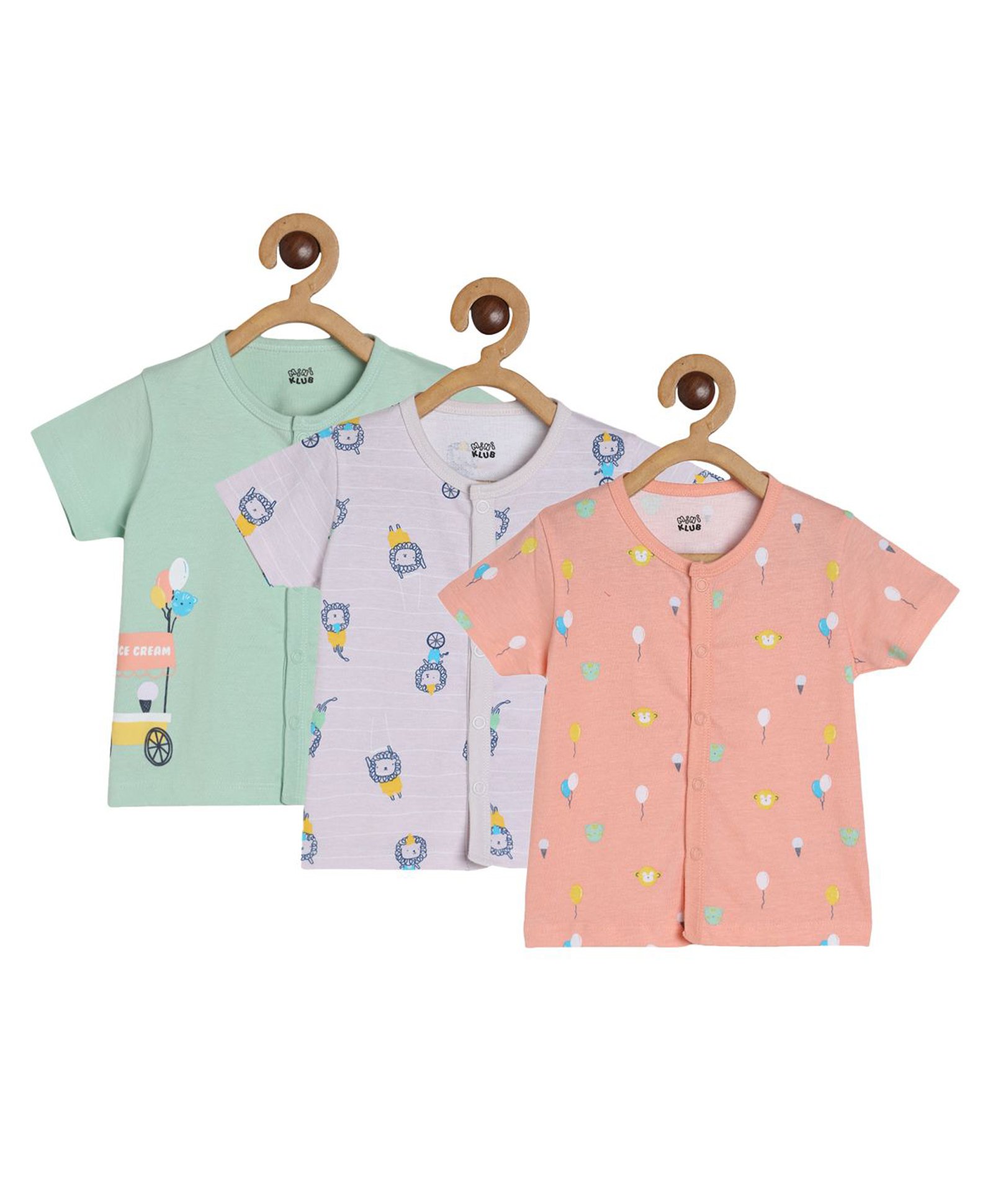 MINI KLUB Cotton Pack Of 3 Half Sleeves Balloons & Baby Animals Printed Jhablas - Green Purple & Pink-image-33