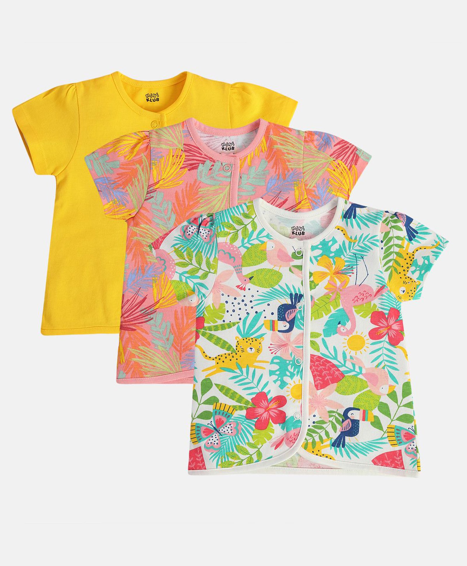 MINI KLUB Cotton Pack Of 3 Half Sleeves Baby Animals & Birds Printed Jhablas - Yellow & Multi Colour-image-47