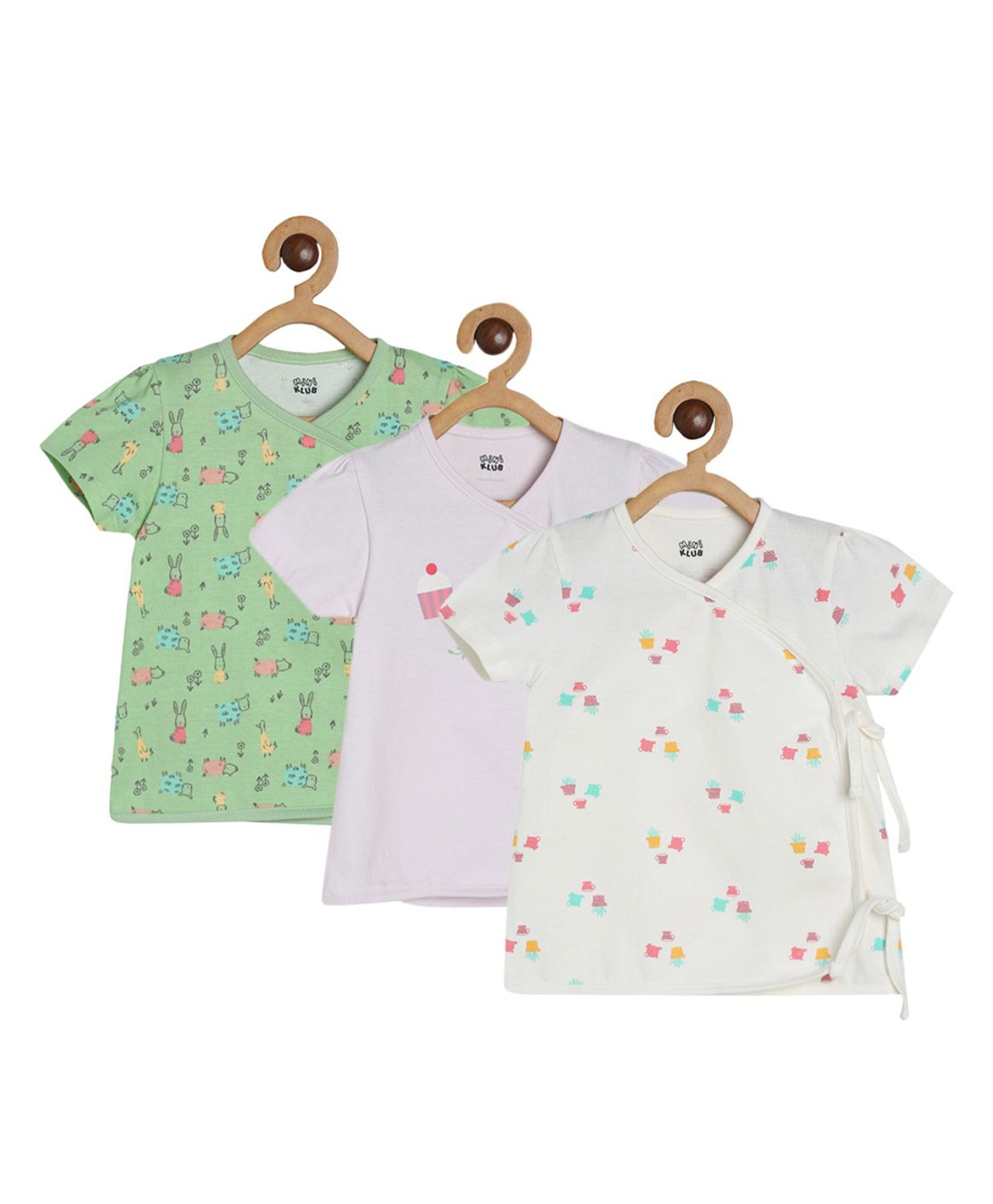 MINI KLUB Cotton Pack Of 3 Half Sleeves Cup Cake & Baby Animals Printed Jhablas - Green & Off White-picture-39