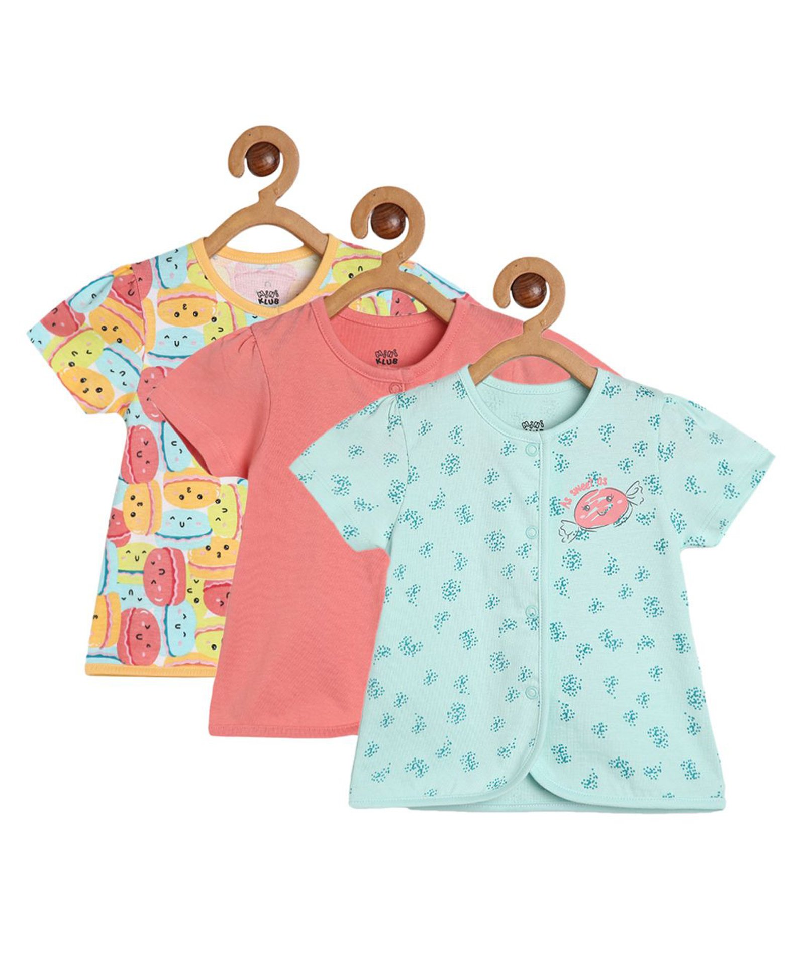 MINI KLUB Cotton Pack Of 3 Half Sleeves Macaroons & Toffy Printed Jhablas - Pink Blue & Multi Colour-image-39
