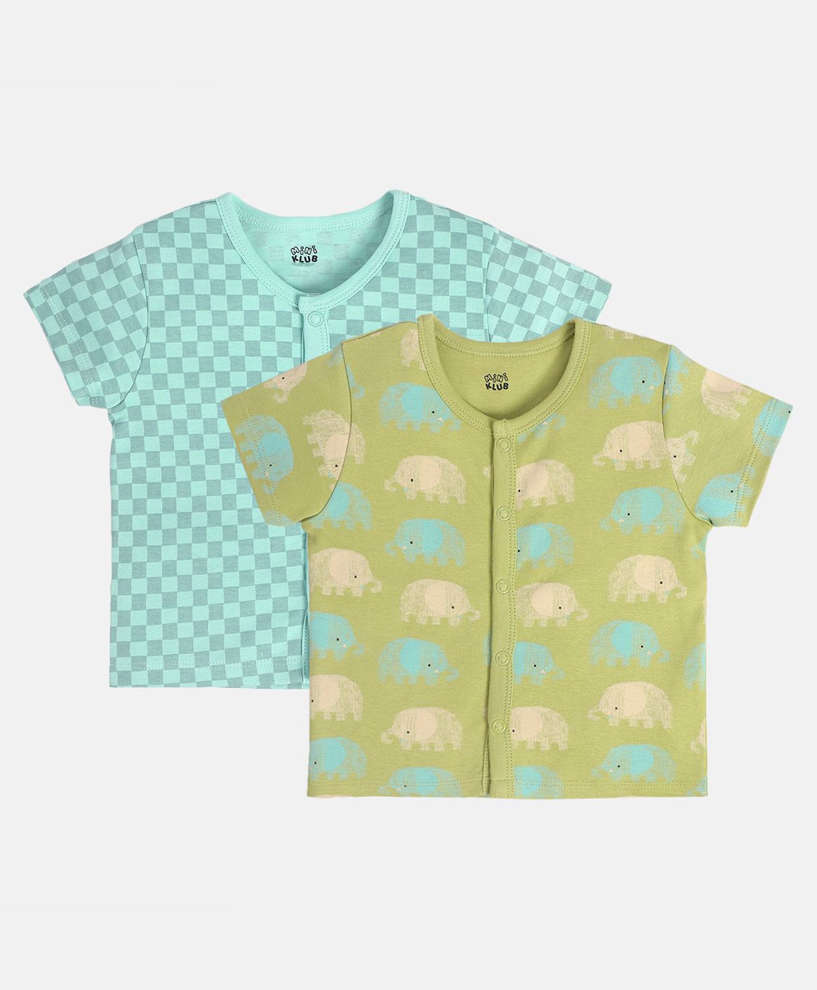 MINI KLUB Cotton Pack Of 2 Half Sleeves Checked & Baby Elephant Printed Jhablas - Green & Blue-image-15