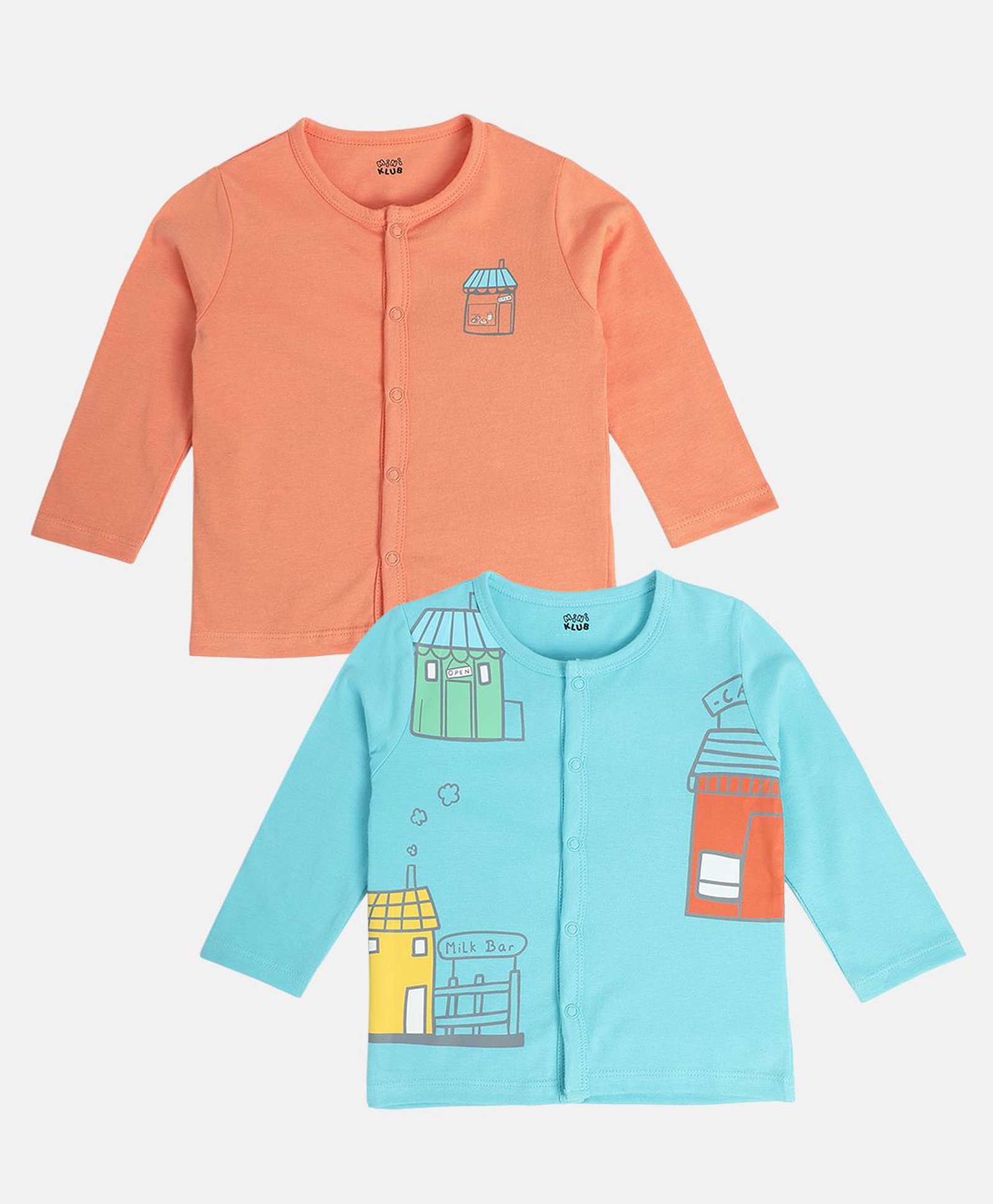 MINI KLUB Cotton Pack Of 2 Full Sleeves Cafe Printed Jhablas - Peach & Blue-image-25