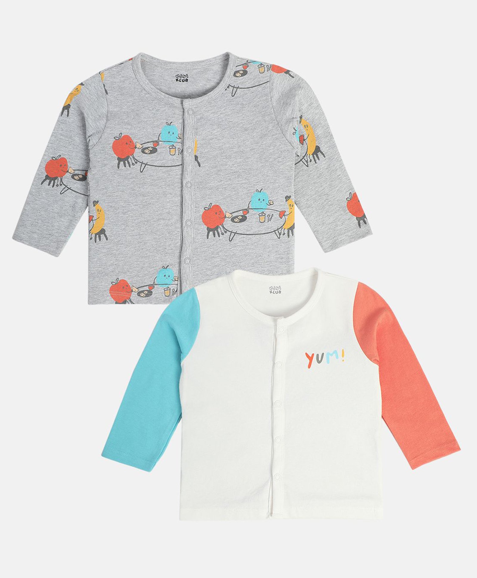 MINI KLUB Cotton Pack Of 2 Full Sleeves Fruits & Yum Text Printed Jhablas - Grey & White-picture-20