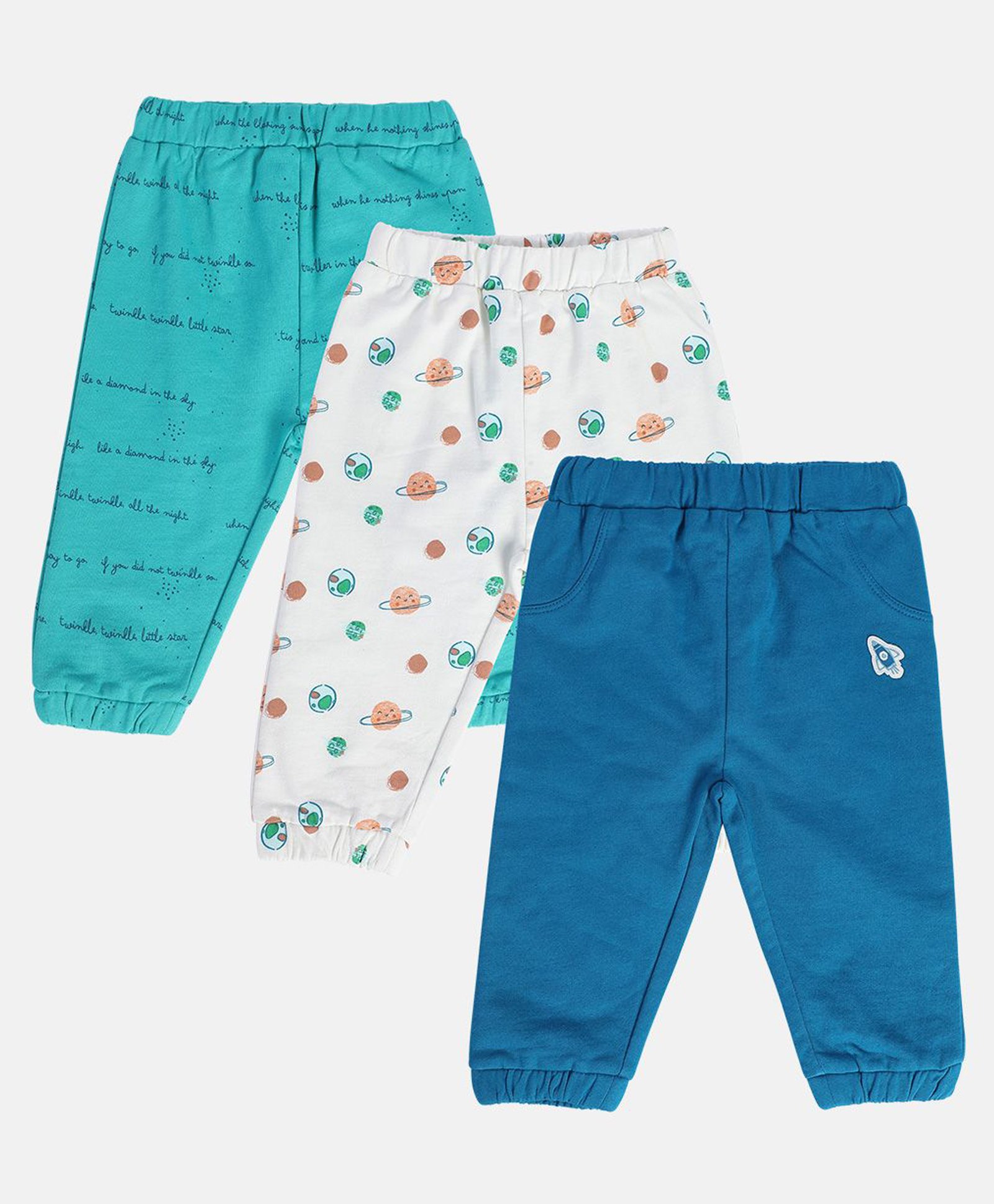 MINI KLUB Cotton Pack Of 3 Space Theme & Typography Printed Joggers - White & Blue-picture-19