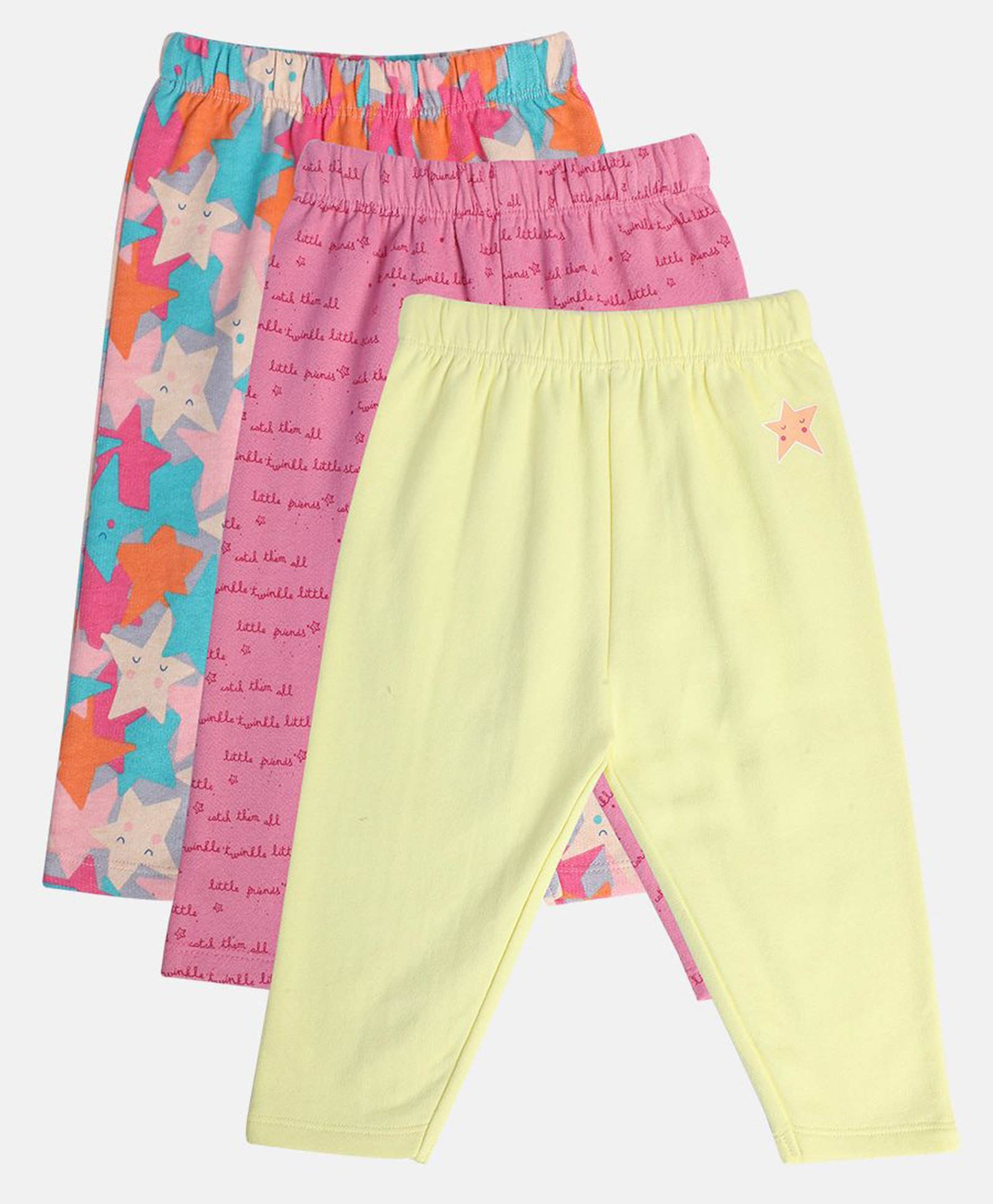 MINI KLUB Cotton Pack Of 3 Stars & Typography Printed Pajamas - Pink Lime & Grey-picture-6