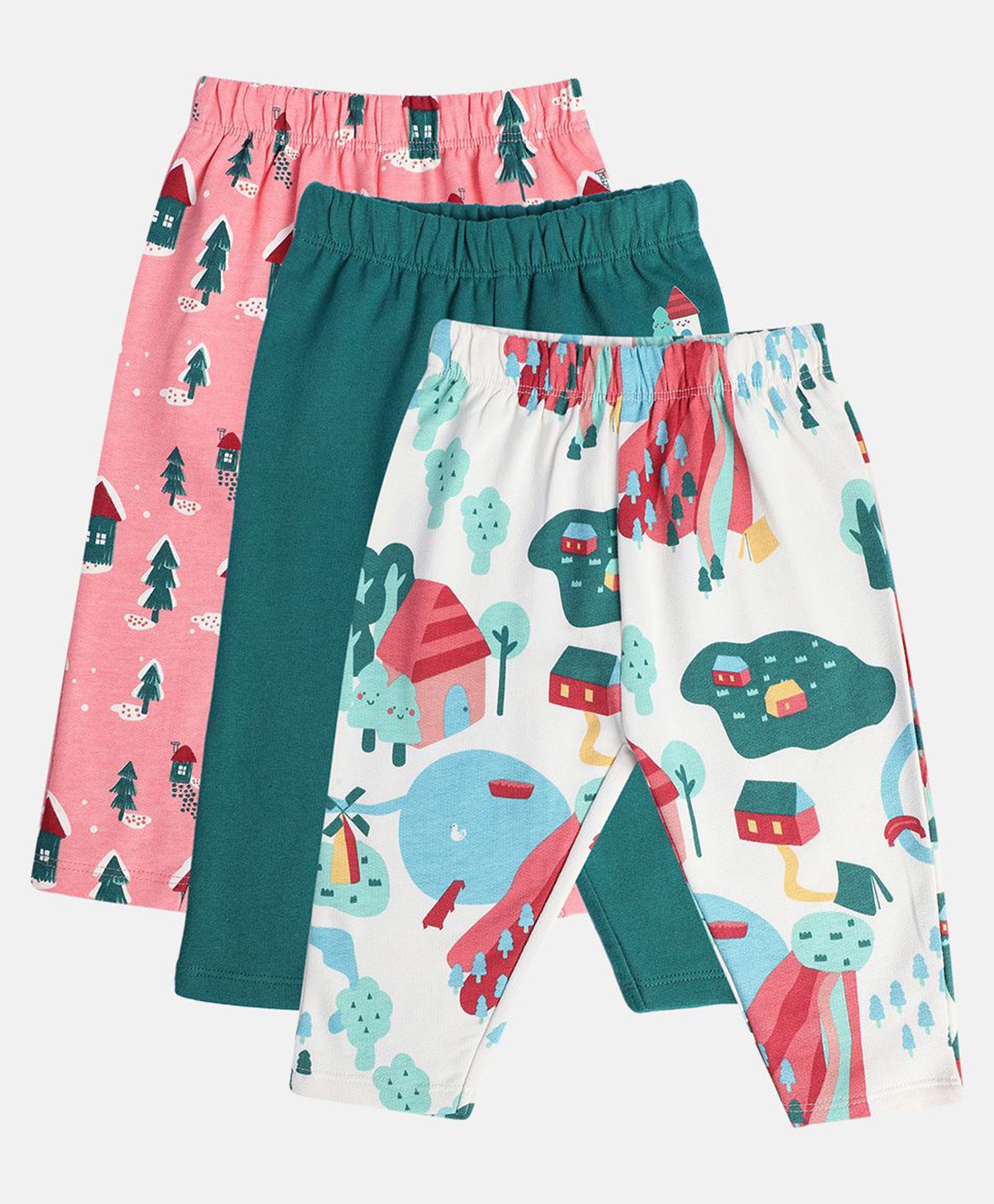 MINI KLUB Cotton Pack Of 3 Houses & Trees Printed Pajamas - White Green & Peach-image-29