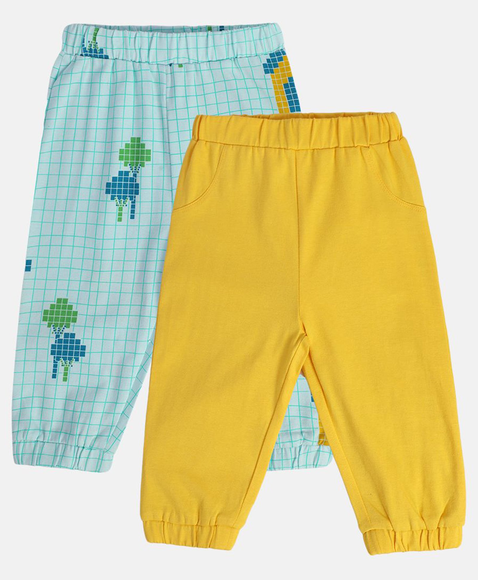 MINI KLUB Cotton Pack Of 2 Solid & Checked Joggers - Blue & Yellow-picture-11