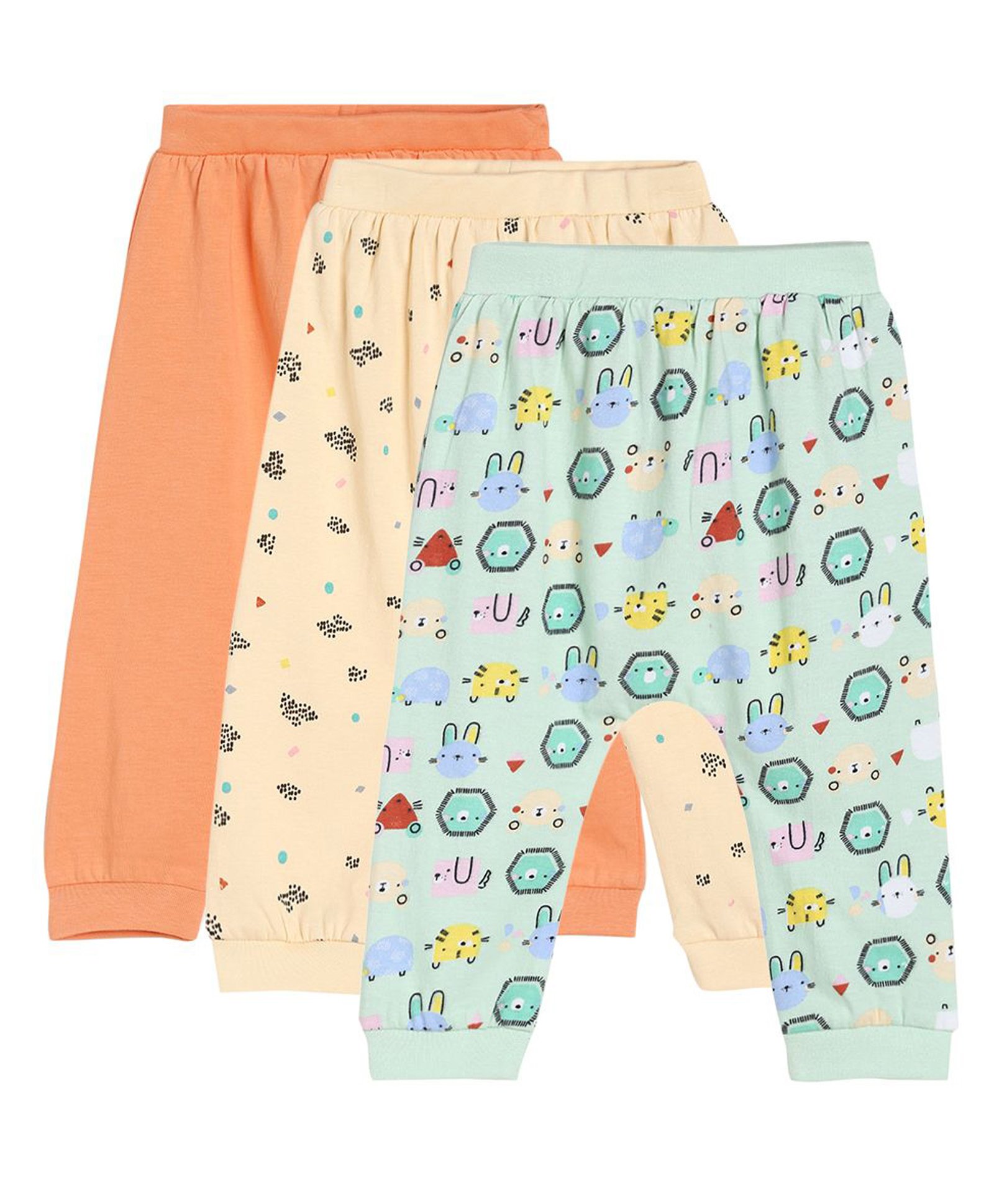 MINI KLUB Cotton Pack Of 3 Solid & Animals Printed Knit Bottoms - Coral Pink & Blue-picture-17