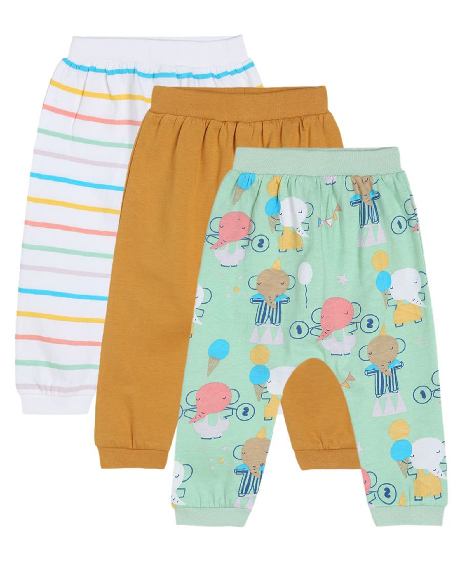 MINI KLUB Cotton Pack Of 3 Striped & Solid Pajamas - White Brown & Blue-picture-36