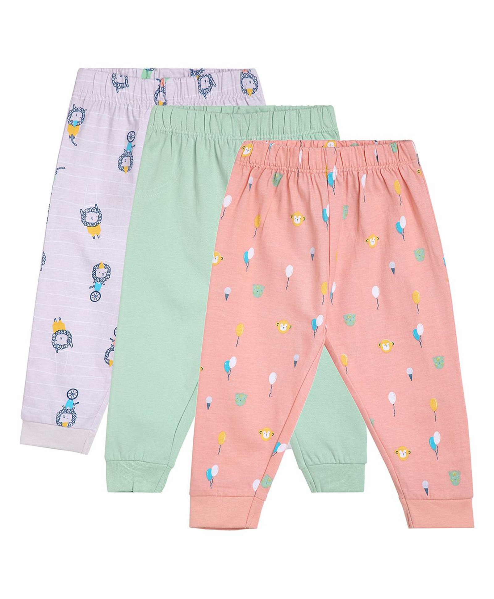 MINI KLUB Cotton Pack Of 3 Solid & Monkey Printed Pajamas - Lavender Green & Pink-picture-21