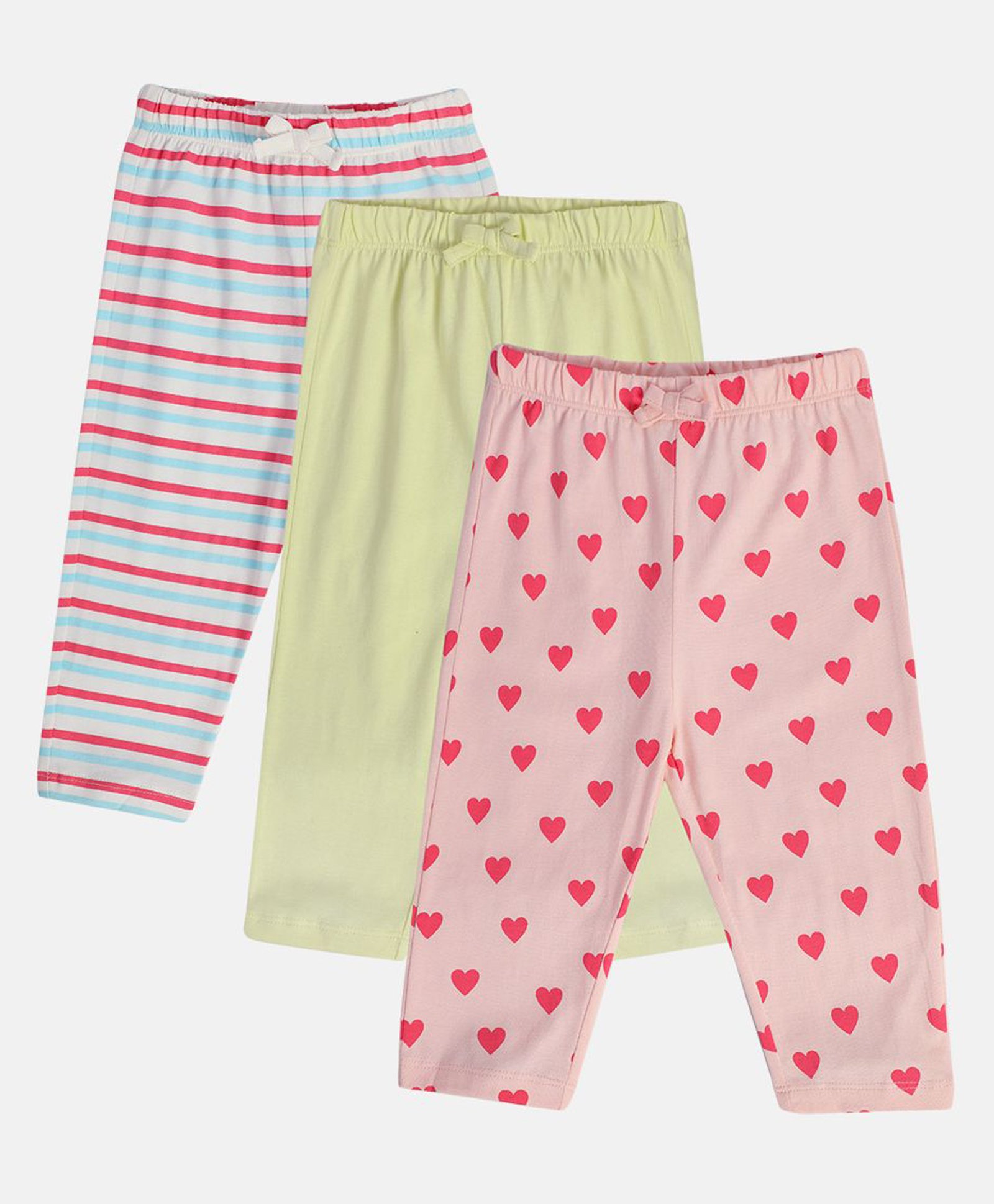 MINI KLUB Cotton Pack Of 3 Striped & Heart Printed Pajamas - White Yellow & Pink-picture-21
