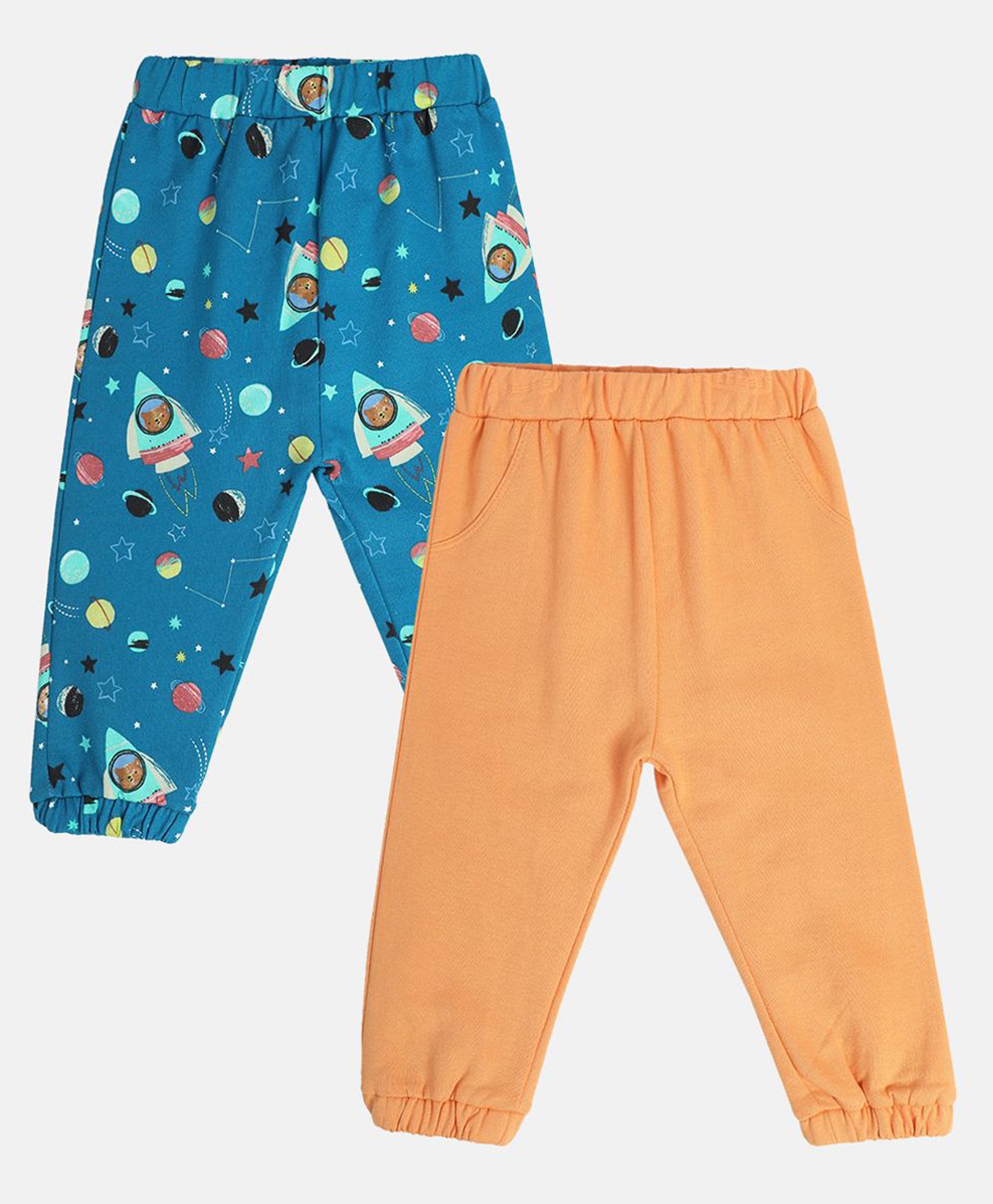 MINI KLUB Cotton Pack Of 2 Solid & Space Theme Printed Pajamas - Blue & Peach-picture-14