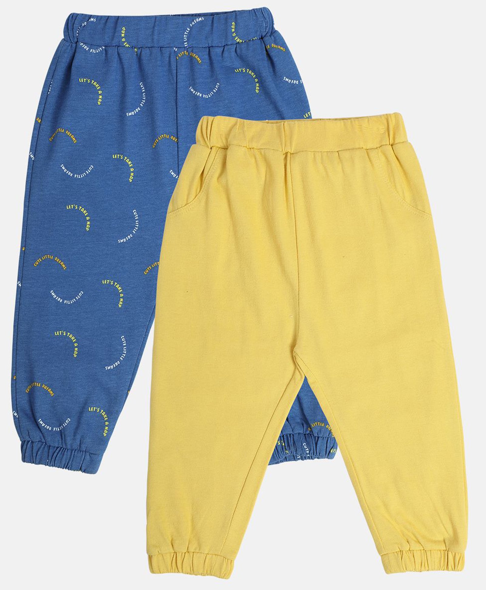 MINI KLUB Cotton Pack Of 2 Solid & Lets Take A Nap Text Printed Pajamas - Blue & Yellow-picture-24