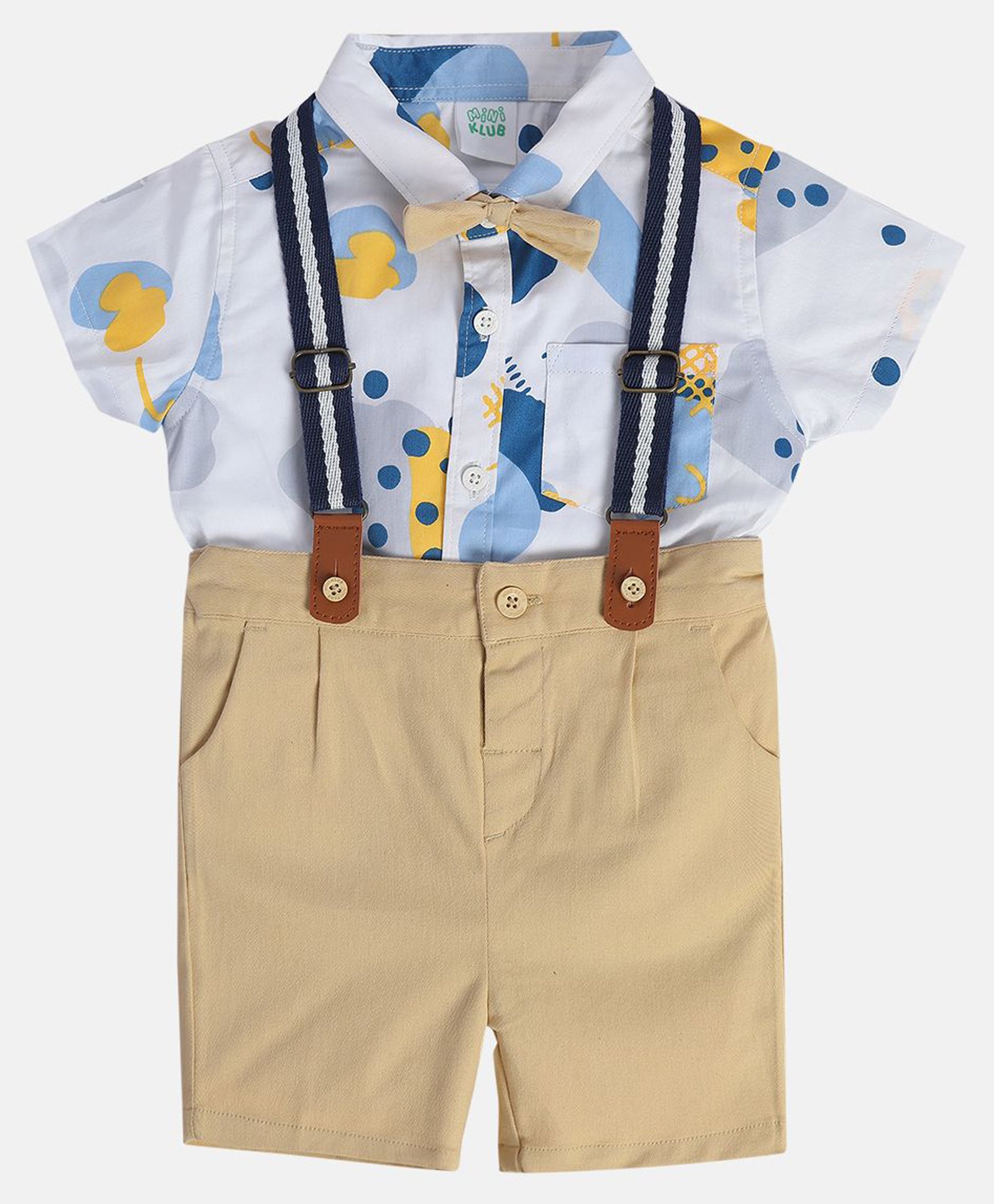 MINI KLUB Cotton Half Sleeves Abstract Printed Shirt With Shorts Suspender & Bow Set - Beige-picture-29