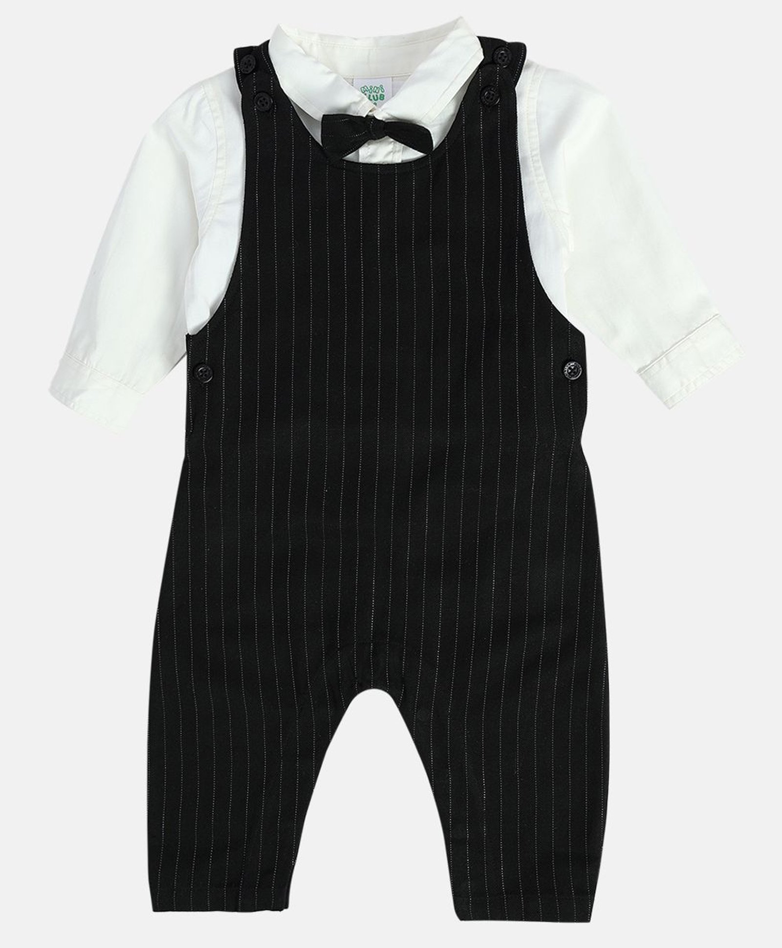 MINI KLUB Cotton Striped Dungaree With Full Sleeves Shirt & Bow Set - Black-image-30