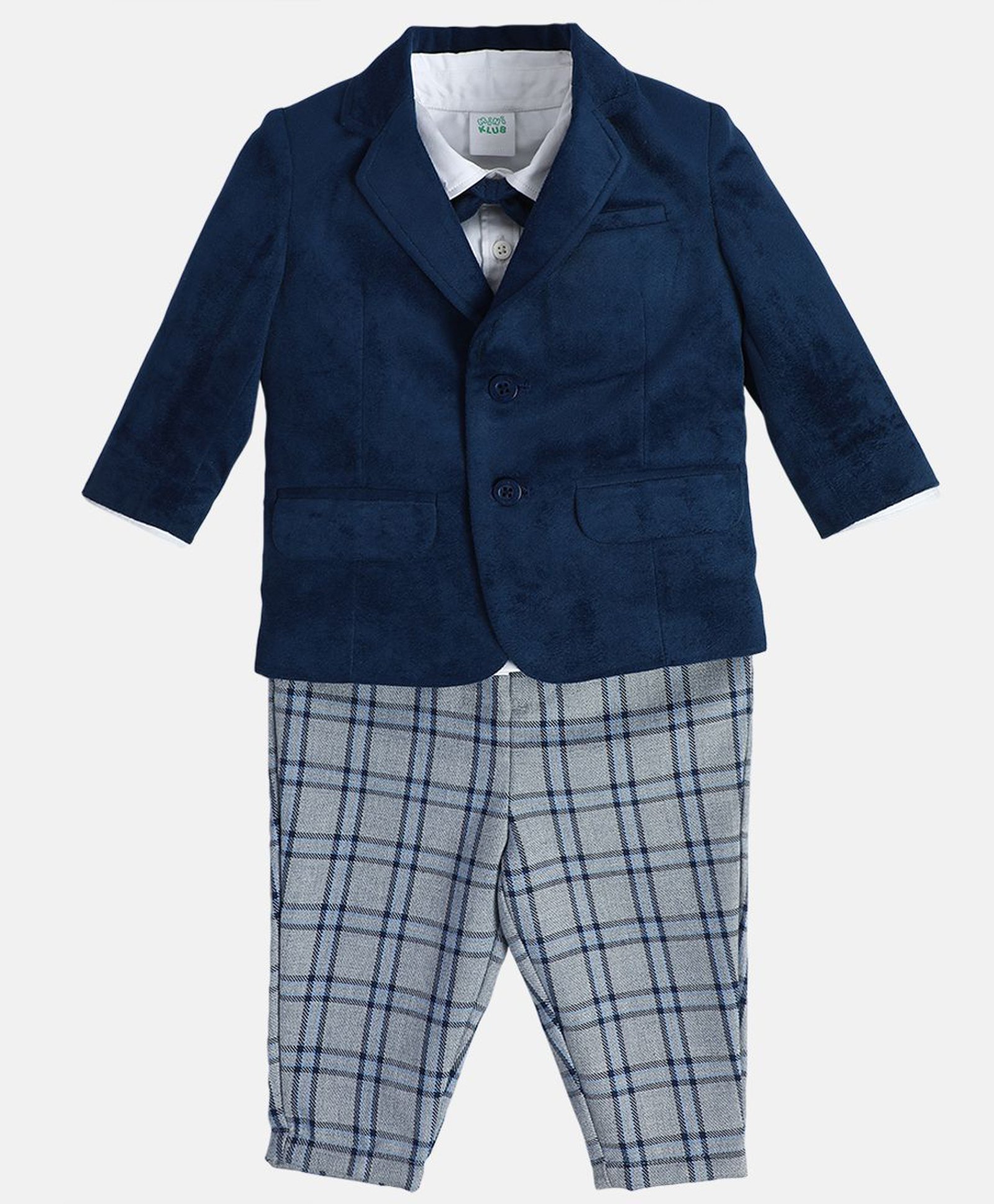 MINI KLUB Cotton Full Sleeves Checked 3 Piece Party Suit Set With Bow - Blue-image-27