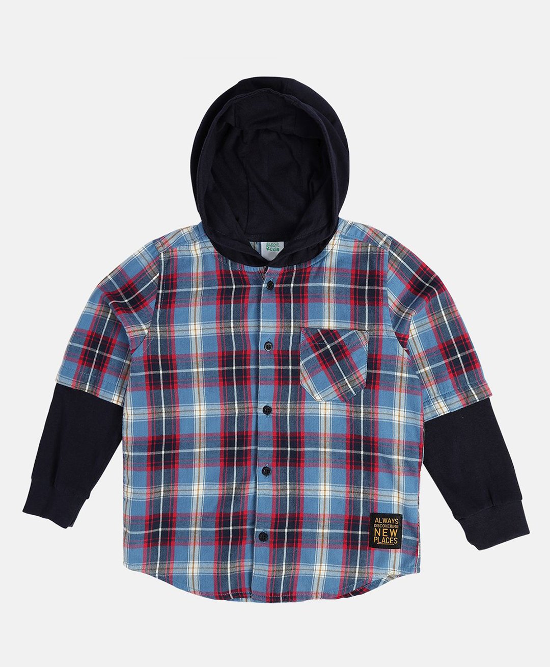 MINI KLUB Cotton Full Sleeves CheckedHooded Shirt - Blue & Red-picture-11