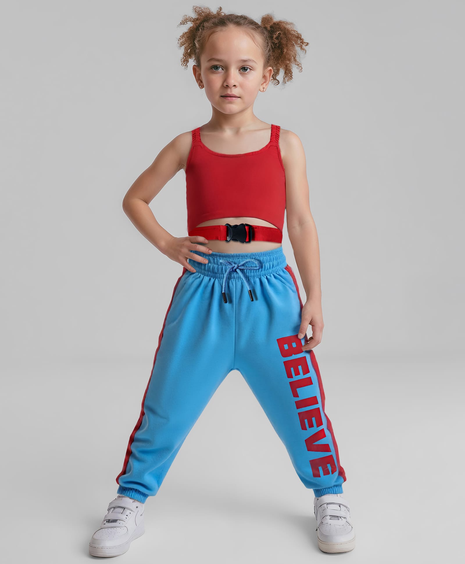 OLLINGTON ST. Cotton Lycra Sleeveless Top & Knit Joggers - Red & Blue-image-35