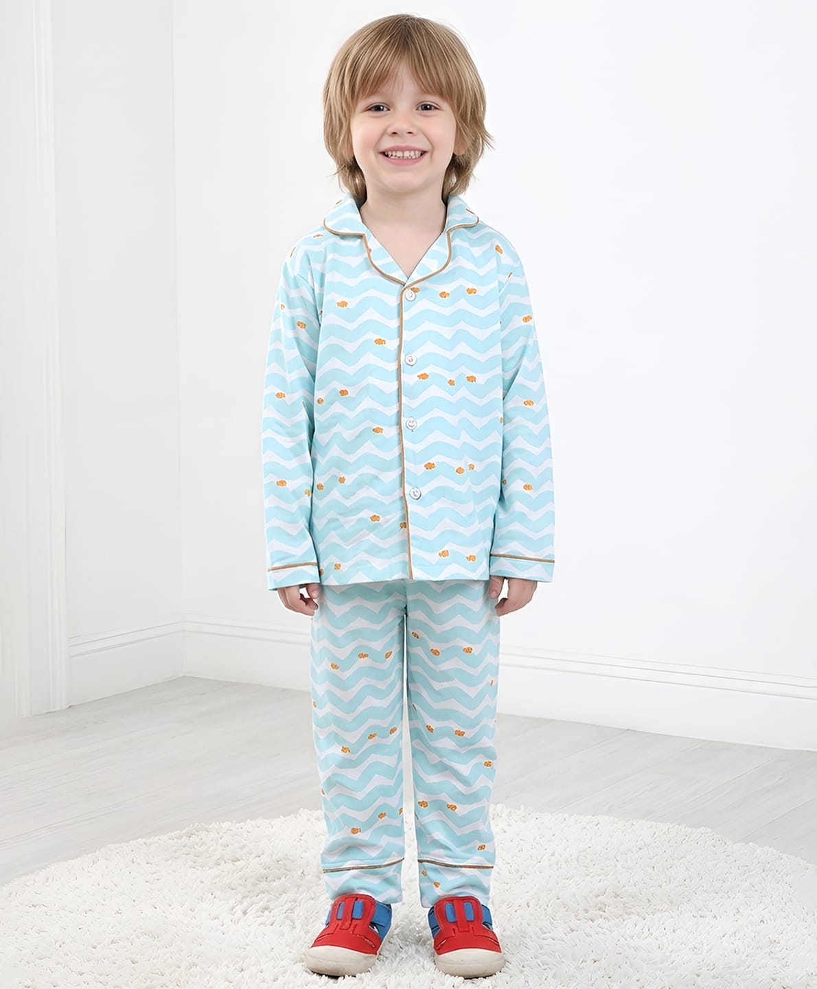 Polka Tots Cotton Woven Full Sleeves Fishes Printed Coordinating Night Suit Set - Light Blue-picture-12