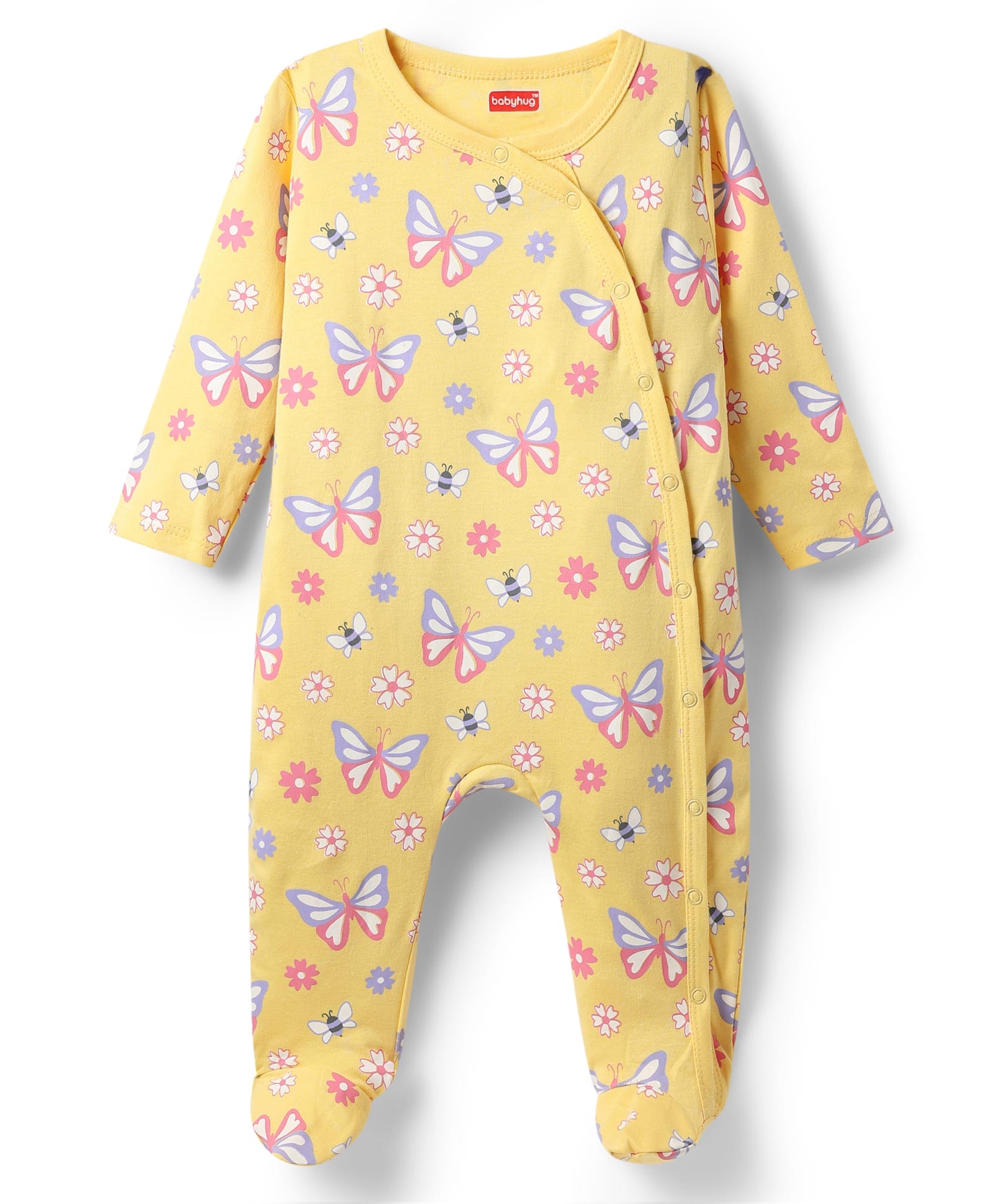Babyhug Cotton Knit Full Sleeves Footed Sleepsuits With Floral & Butterfly Print - Yellow-image-46
