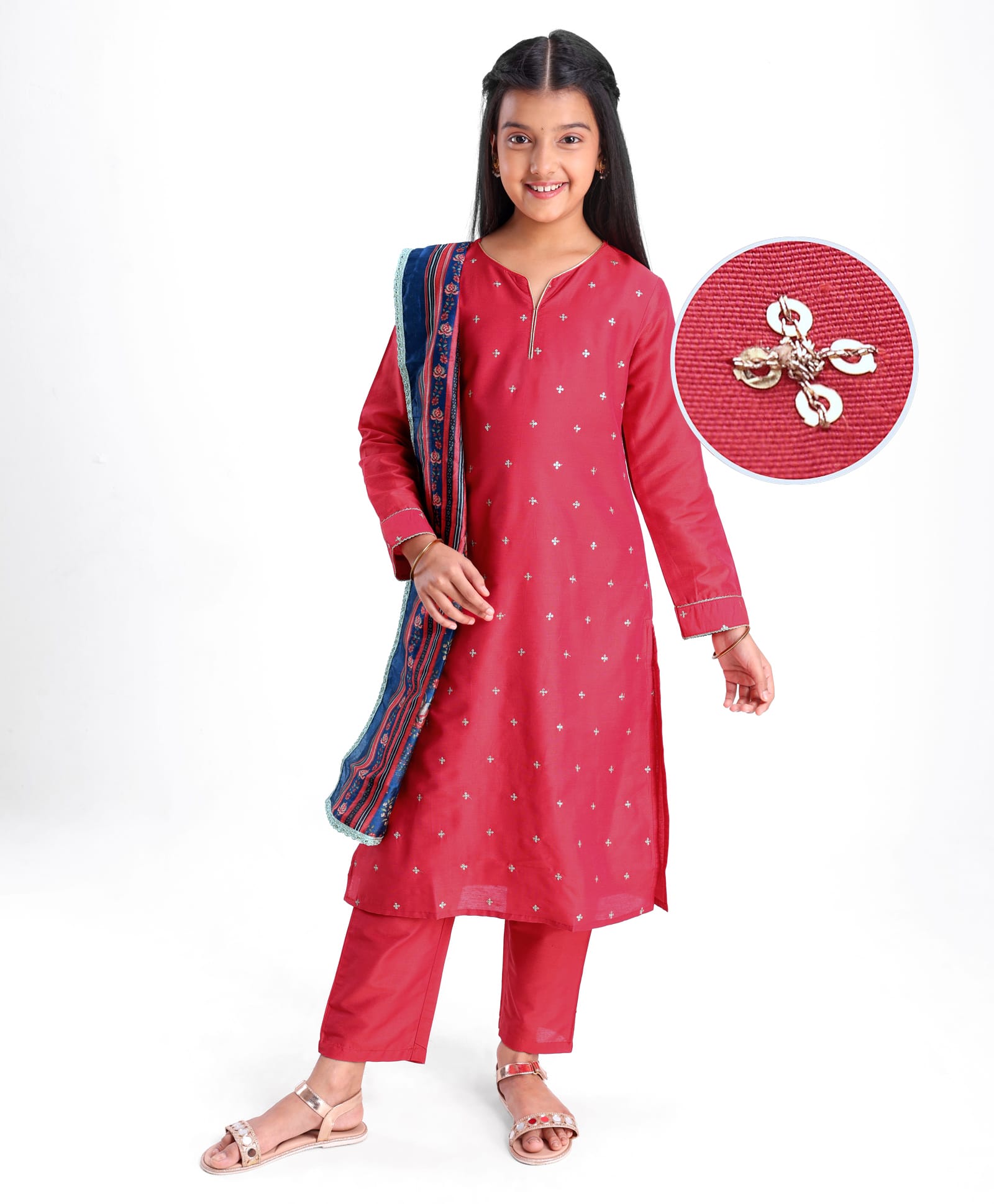 Pine Kids Woven Three Fourth Sleeves Kurta Churidar Set with Dupatta & Floral Embellisment and Lace Detailing - Red-picture-19