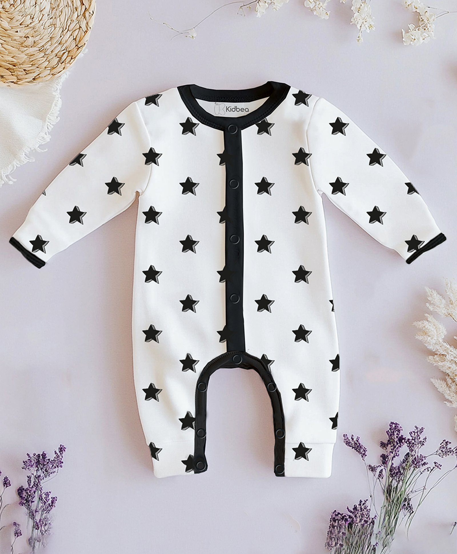 Kidbea 100% Organic Cotton Full Sleeves Stars Printed Romper - Black-image-7