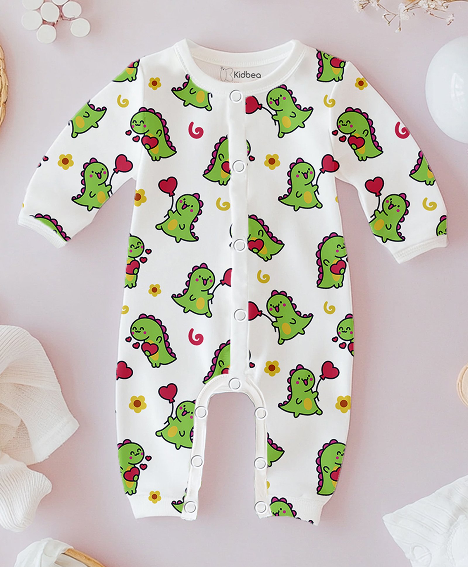 Kidbea 100% Organic Cotton Full Sleeves Dinosaurs Printed Romper - Olive Green-image-24