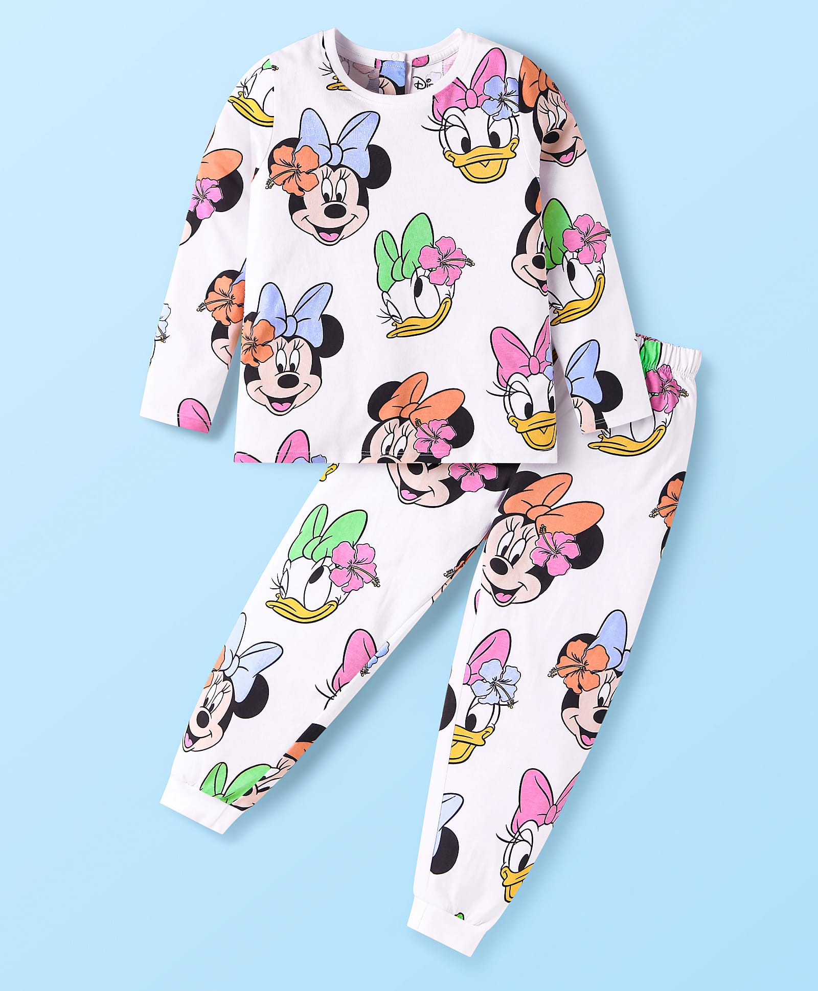 Babyhug Disney Single Jersey Full Sleeves Night Suit With Minnie & Friends All Over Print - White