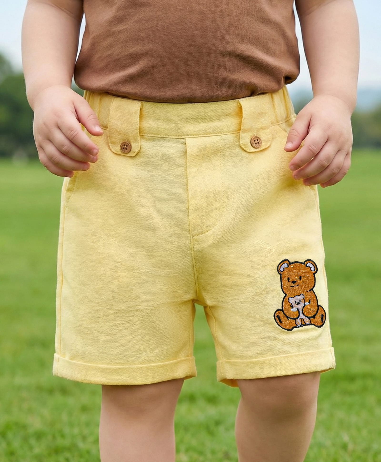 Babyoye Cotton Linen Woven Shorts With Bear Embroidery - Yellow-picture-19
