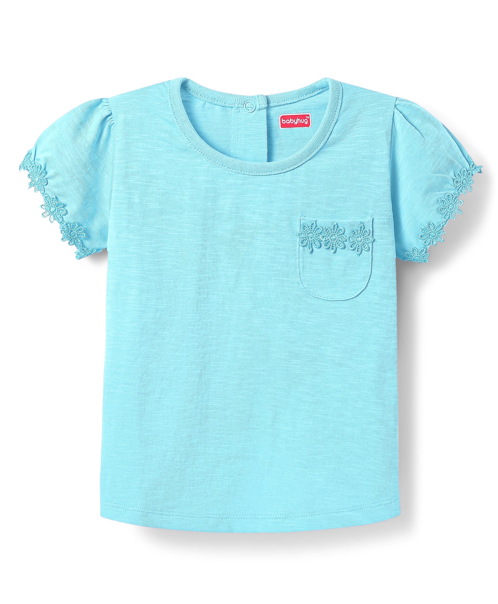 Babyhug Cotton Knit Half Sleeves T-Shirt with with Floral Detailing - Light Blue-image-49