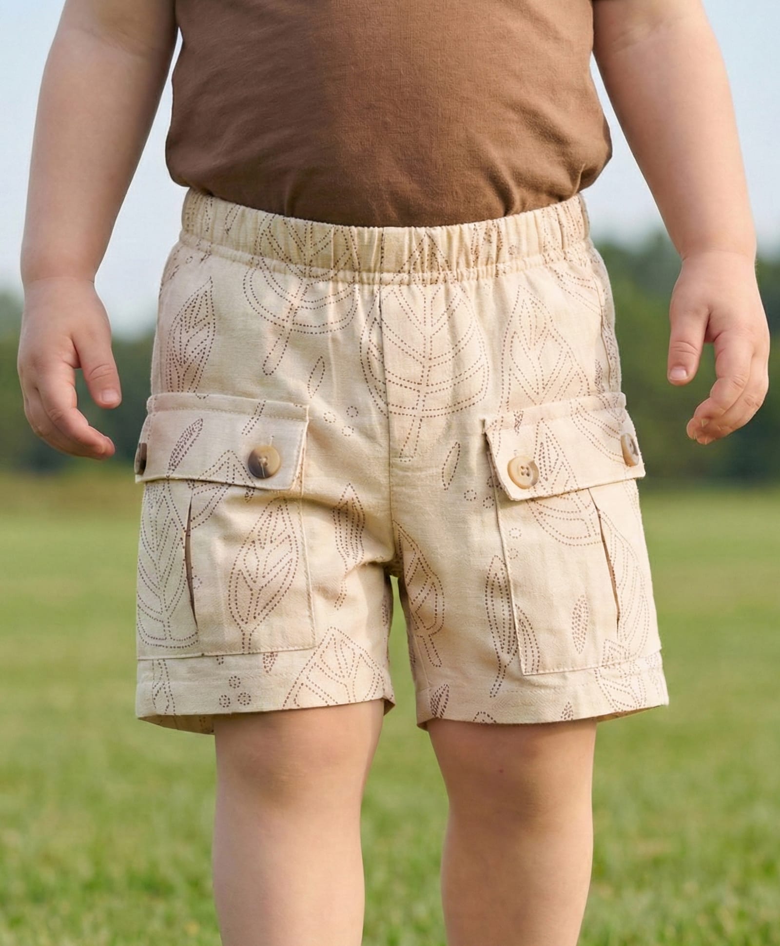Babyoye Eco Conscious Cotton Linen Shorts with Leaves Print - Tan-picture-23