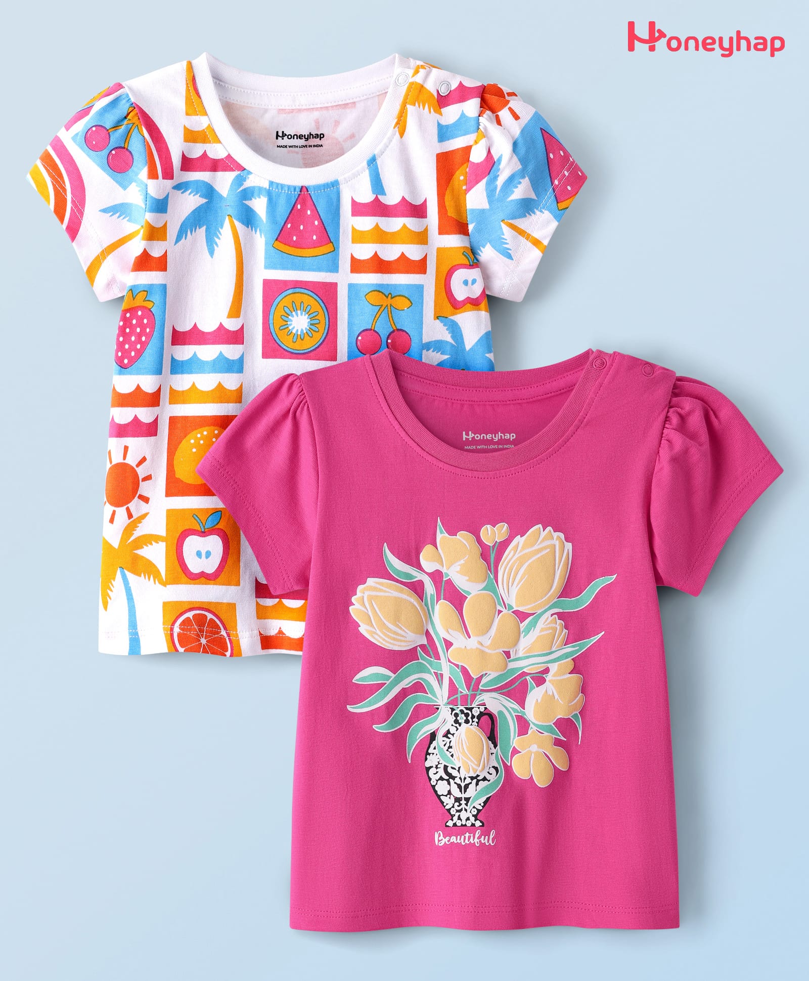 Honeyhap Premium 100% Cotton Bio Finish Half Sleeves Tops With Floral & Tropical Print Pack Of 2 - Azalea Pink & Bright White-picture-33