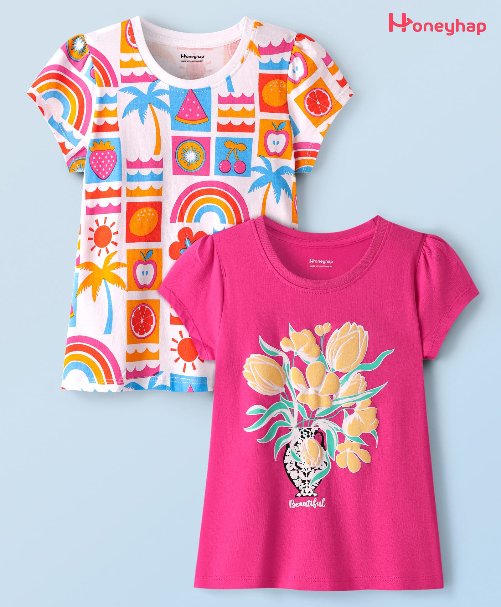 Honeyhap Premium 100% Cotton Bio Finish Half Sleeves Tops With Floral & Tropical Print Pack Of 2 - Azalea Pink & Bright White