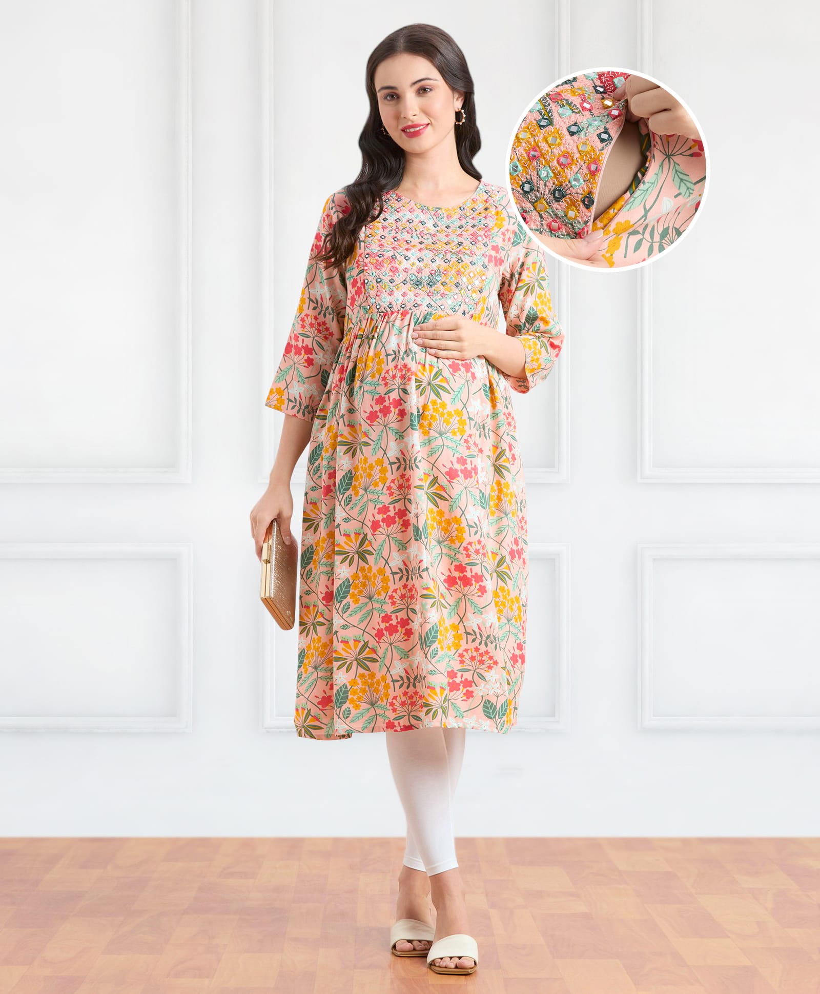 Bella Mama Woven Three Fourth Sleeves Floral Printed Maternity Kurta with Embrodiered Yoke & Pocket - Pink-image-42