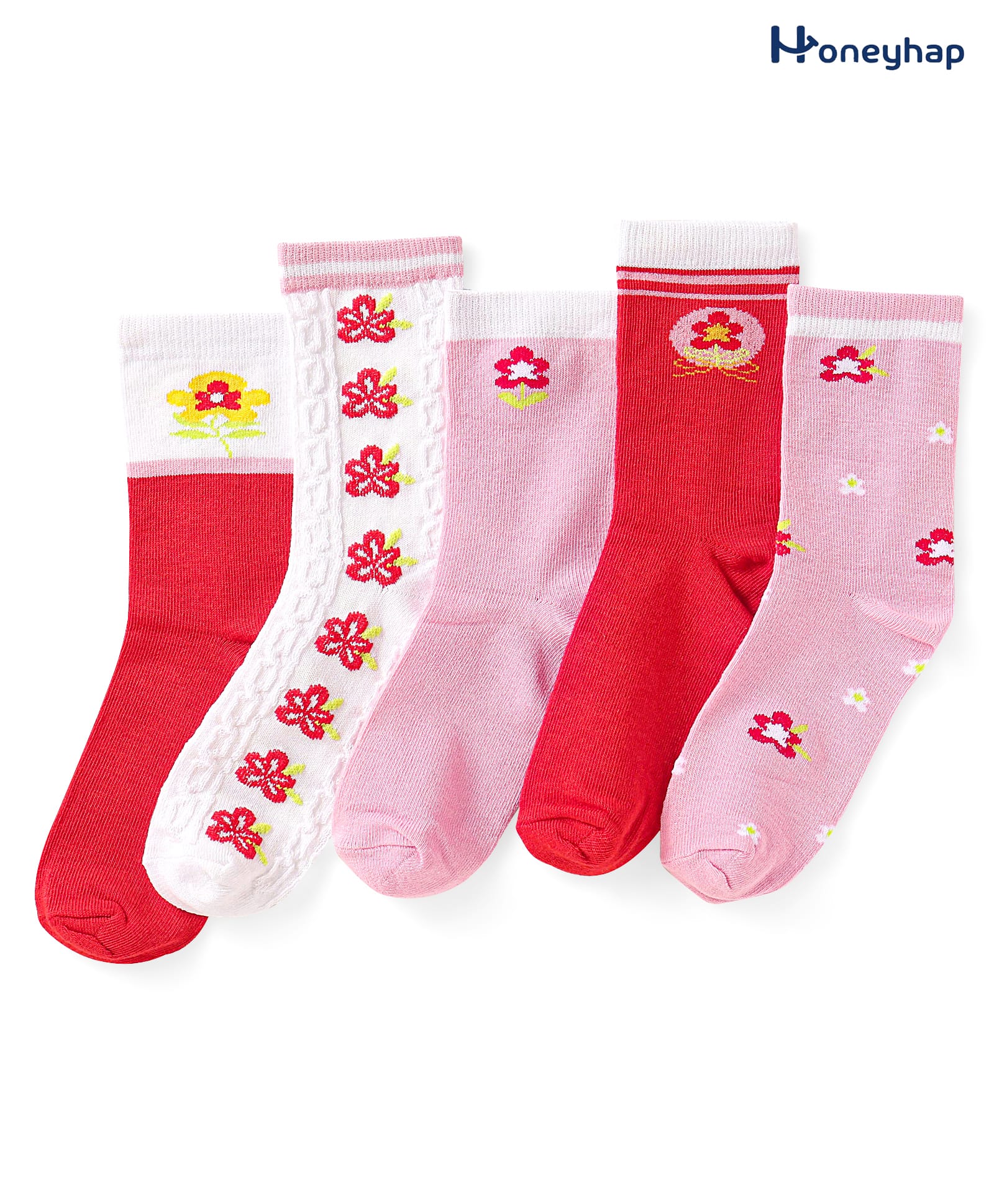 Honeyhap PremiumCotton Bamboo Spandex Knit Ankle Length Socks with Floral Design Pack of 5 - Red Pink & White-image-40