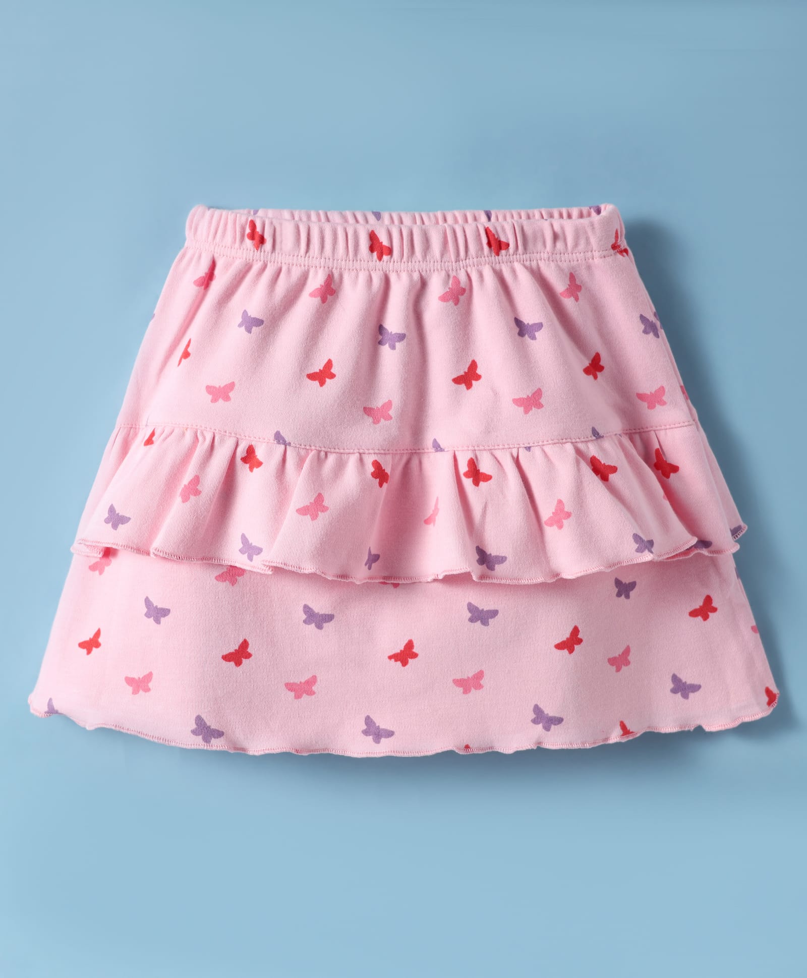 Tango Interlock Knit Knee Length Skirts with Ruffle Design & Butterfly Print - Pink-picture-7