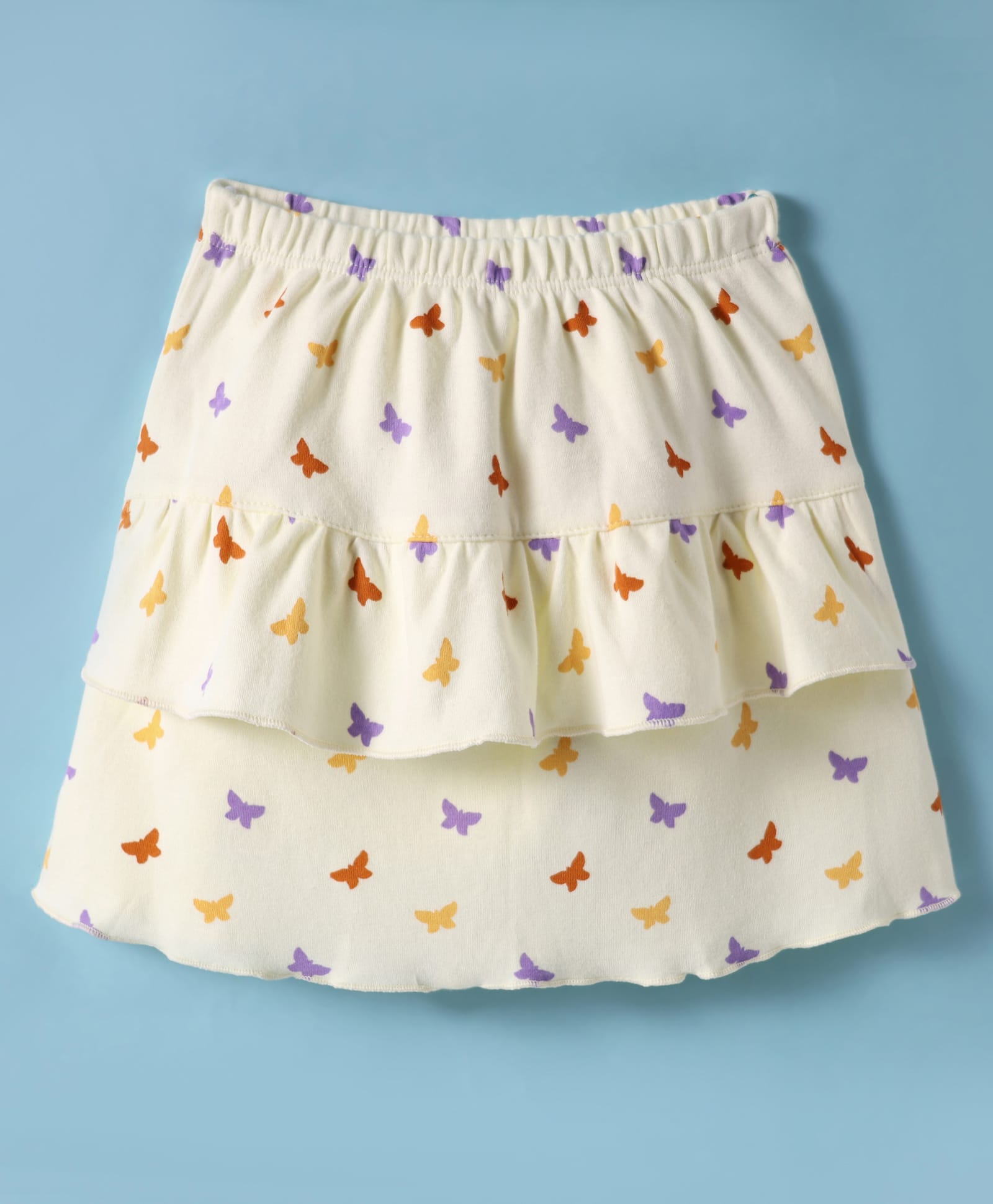 Tango Interlock Knit Knee Length Skirts with Ruffle Design & Butterfly Print - Light Yellow-image-10