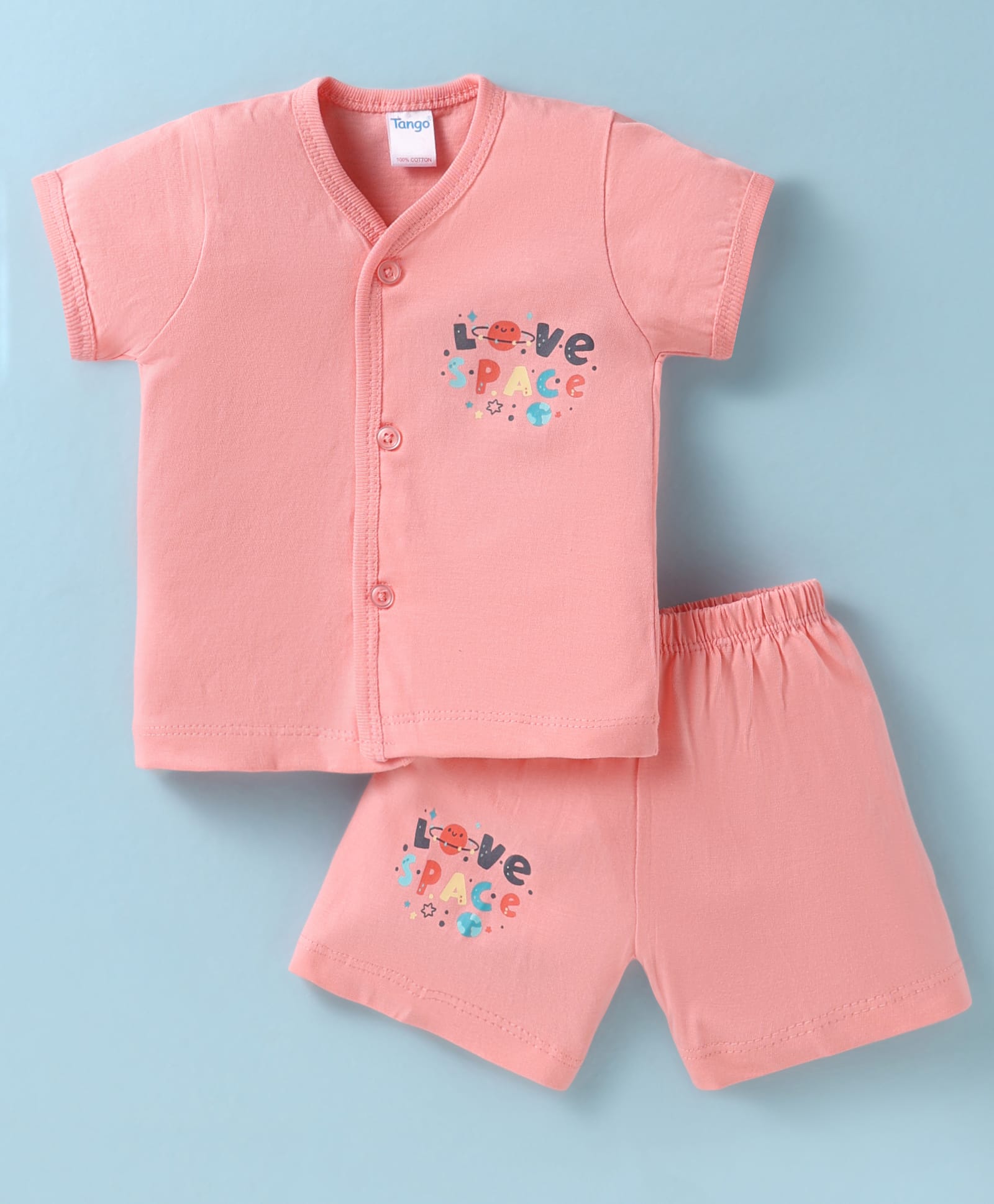 Tango Single Jersey Knit Half Sleeves Shorts Nightsuit with Love Space Text Print - Coral-image-46