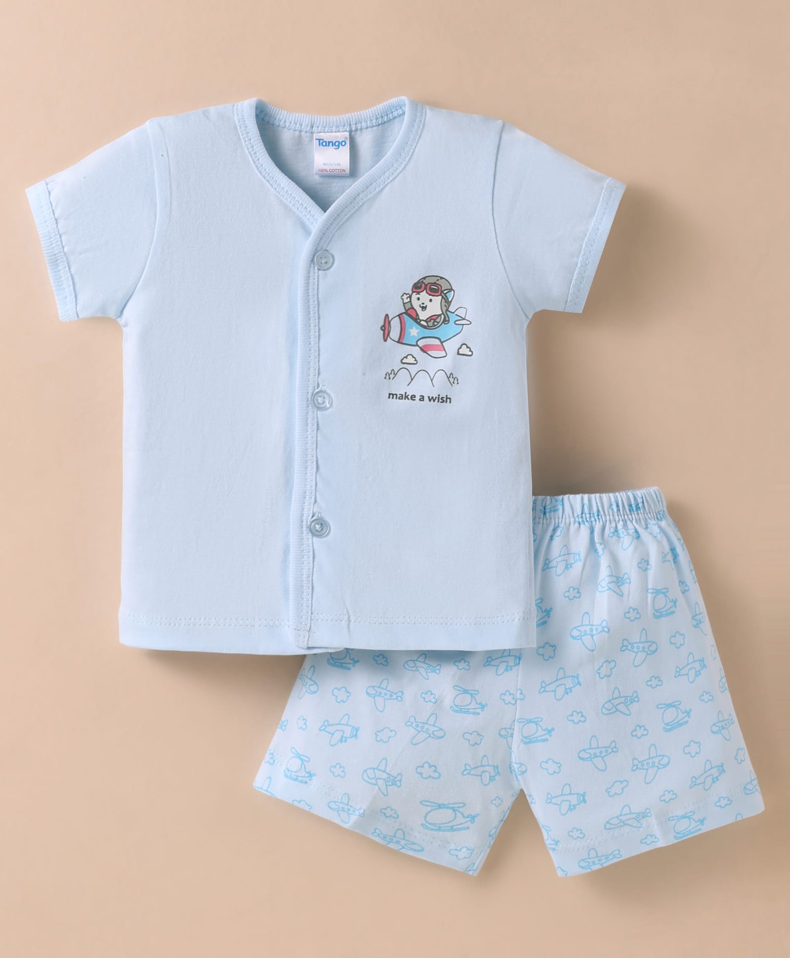 Tango Single Jersey Knit Half Sleeves Shorts Nightsuit with Airplane Print -Light Blue-picture-15